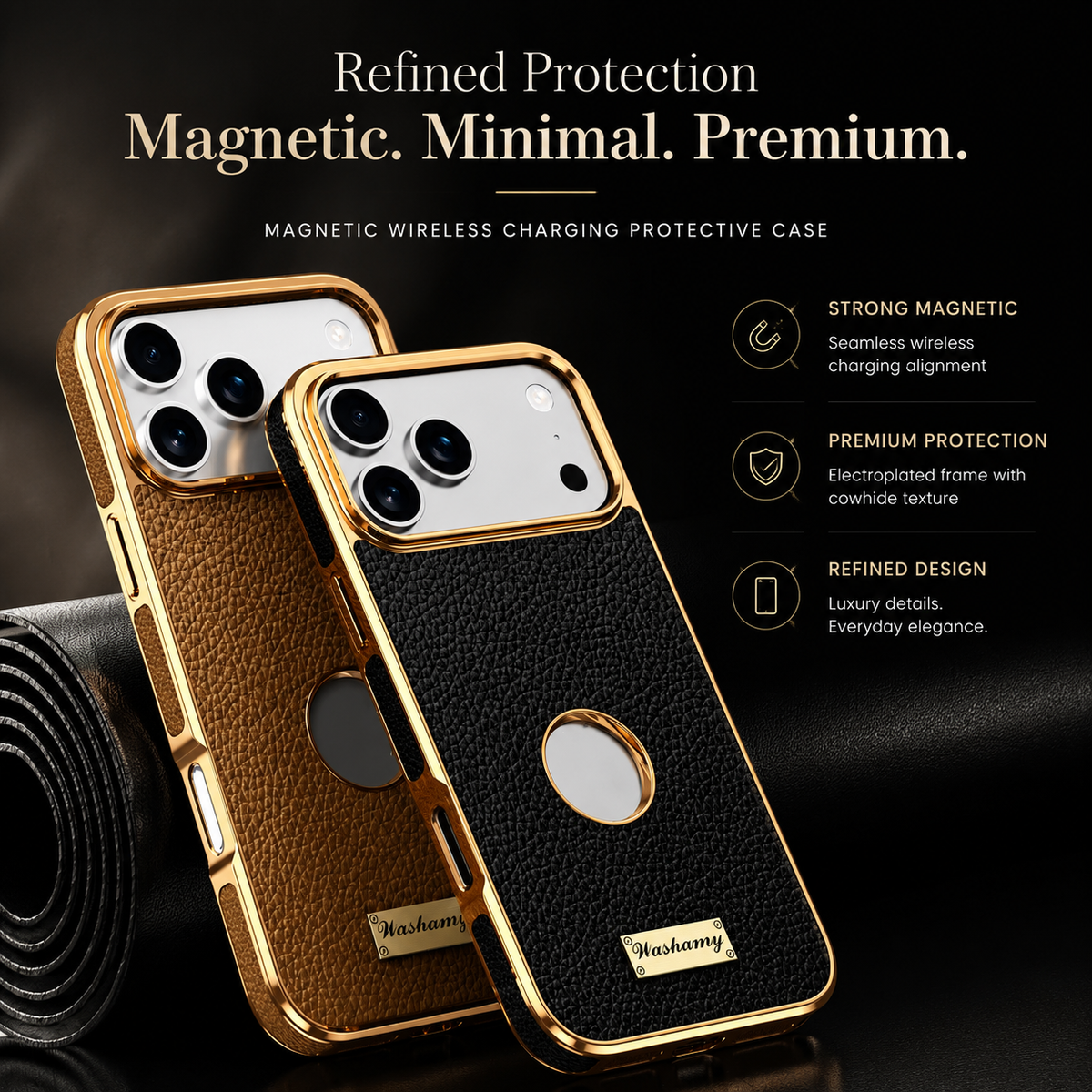 Premium iPhone Case Magnetic Genuine Leather Cowhide Lychee Texture Slim Protective Cover MagSafe Compatible Anti Fingerprint Non Slip Grip