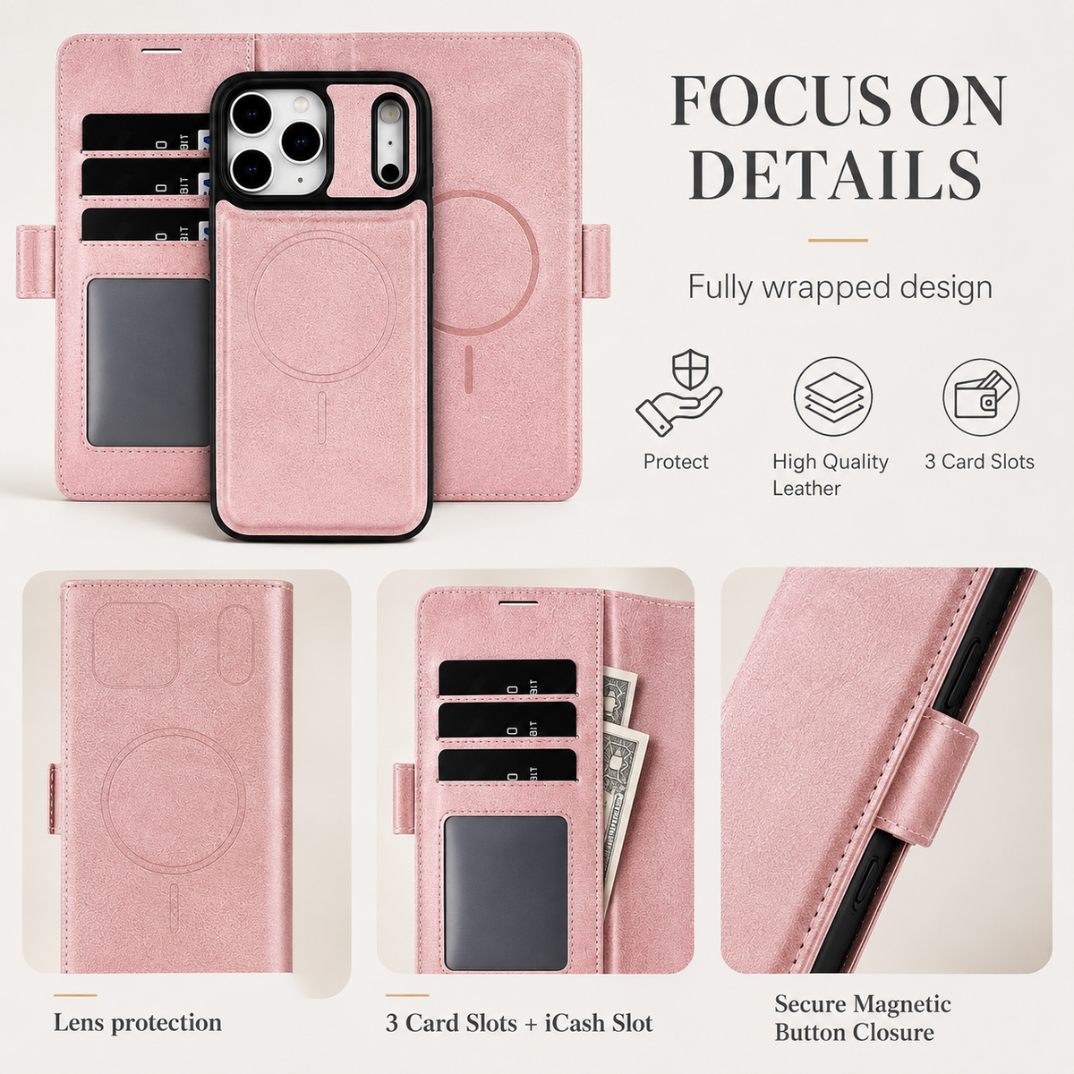 Premium iPhone Case Magnetic Leather Wallet MagSafe Compatible Flip Card Holder Dual Layer Shock Protection Matte Anti Scratch Non Slip Slim Fit Style
