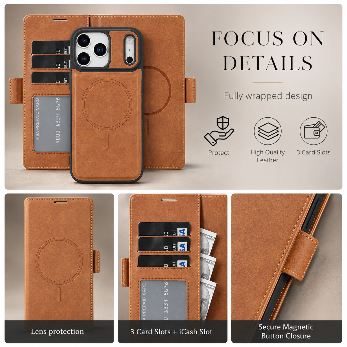Premium iPhone Case Magnetic Leather Wallet MagSafe Compatible Flip Card Holder Dual Layer Shock Protection Matte Anti Scratch Non Slip Slim Fit Style