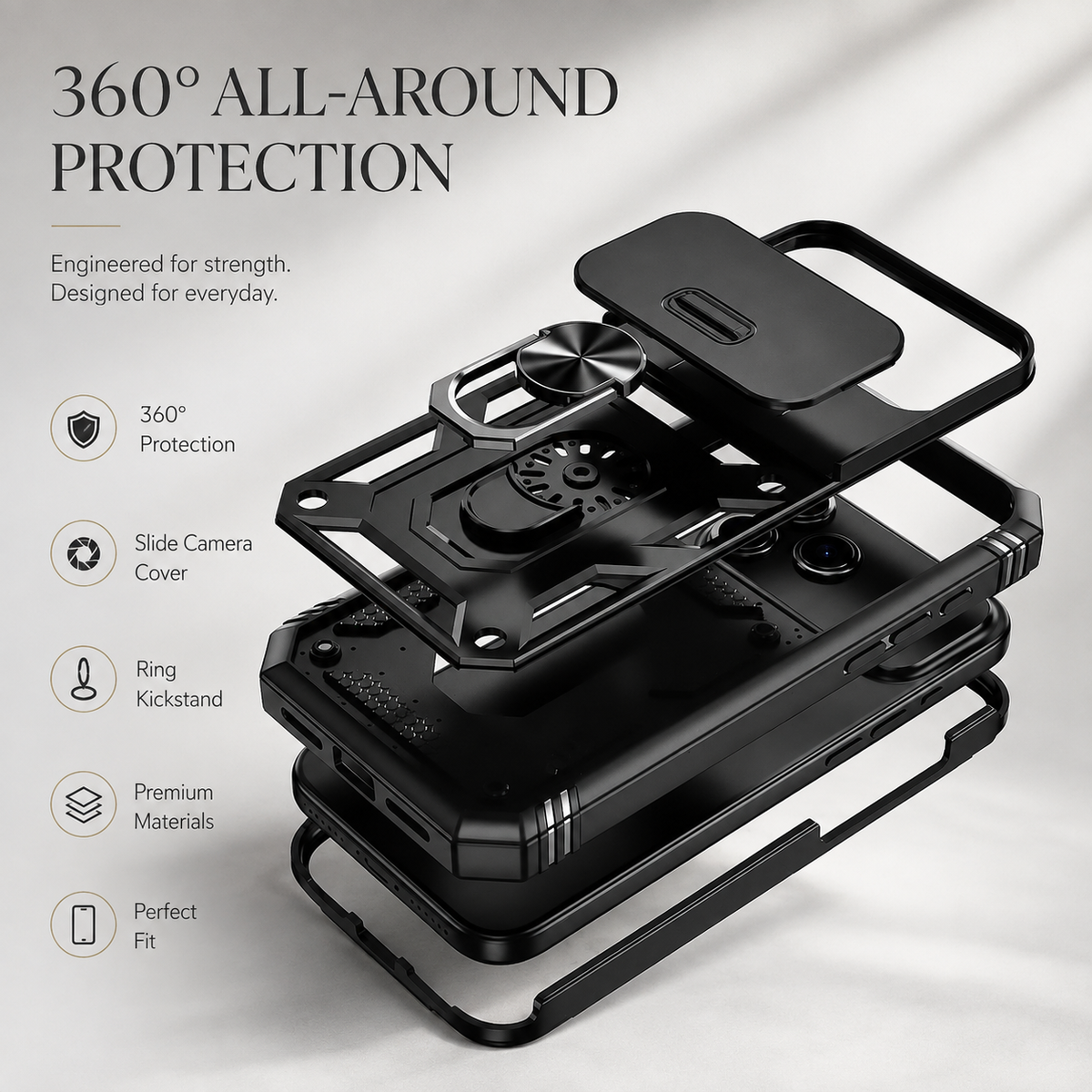 Premium iPhone Case Magnetic Military Armor Shockproof Protective Cover Camera Slide Protection 360 Rotating Stand Silicone Non Slip Rugged Full Coverage