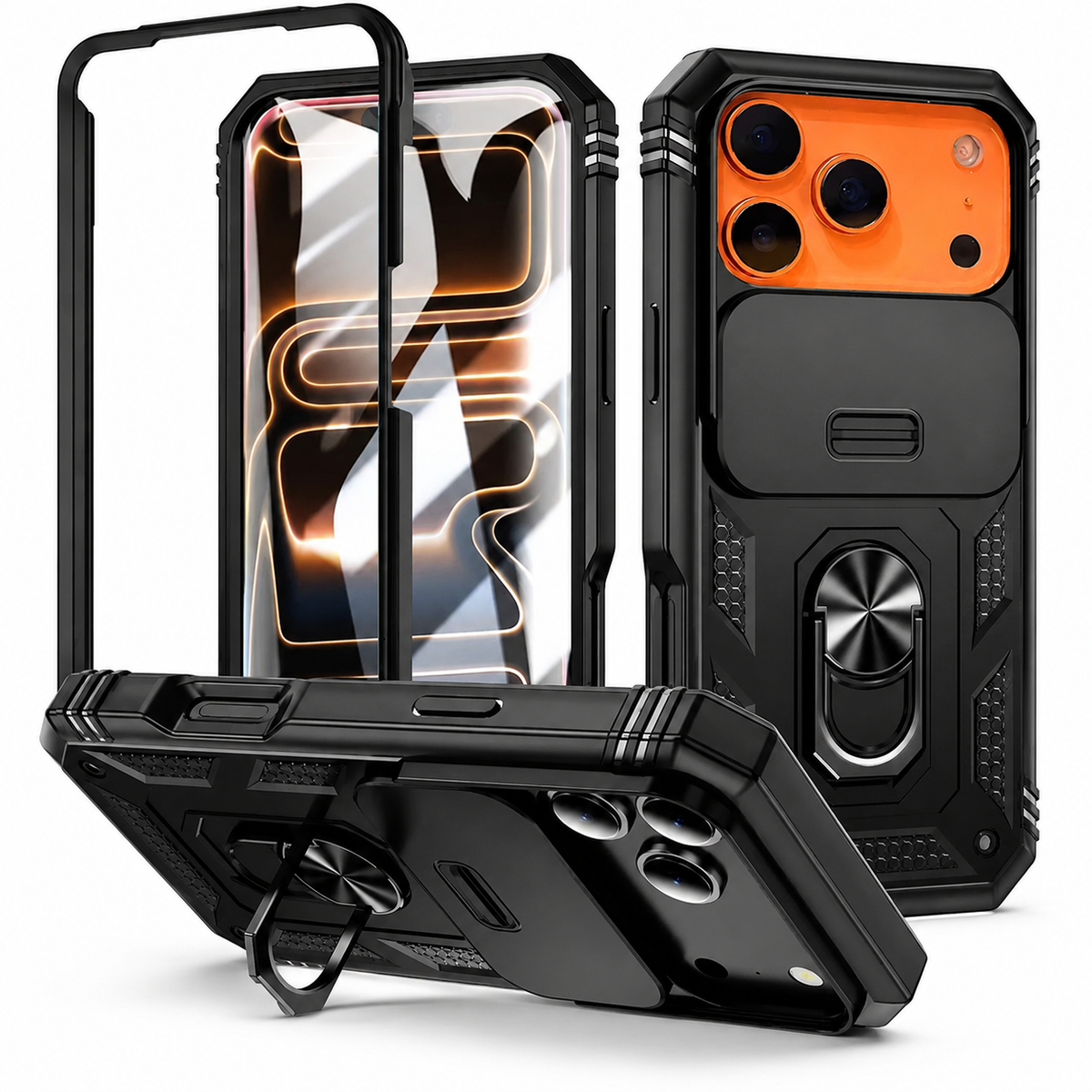 Premium iPhone Case Magnetic Military Armor Shockproof Protective Cover Camera Slide Protection 360 Rotating Stand Silicone Non Slip Rugged Full Coverage