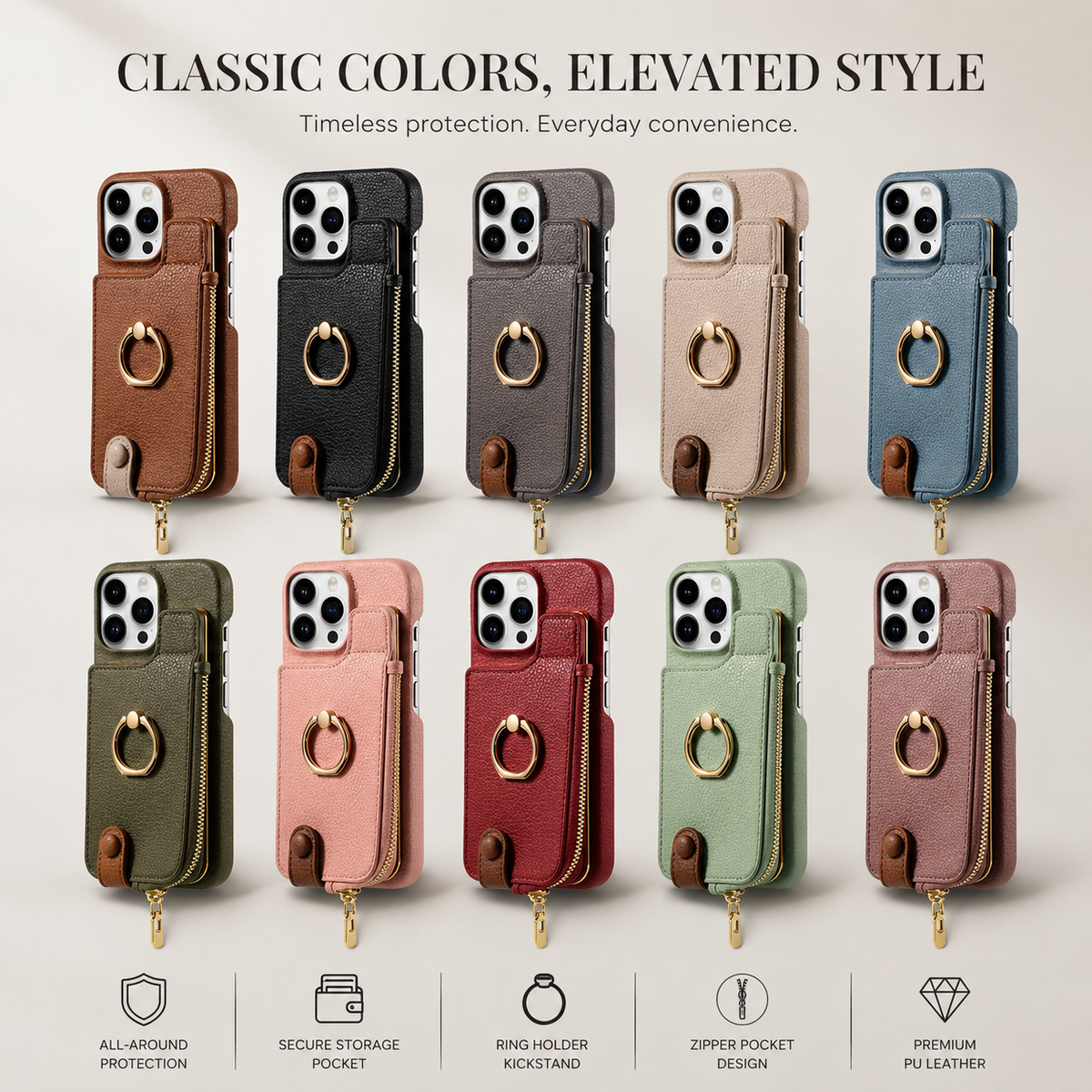Premium iPhone Case Magnetic PU Leather Wallet Zipper Card Holder Ring Kickstand Lanyard Strap Shockproof Anti Fingerprint Protective Cover