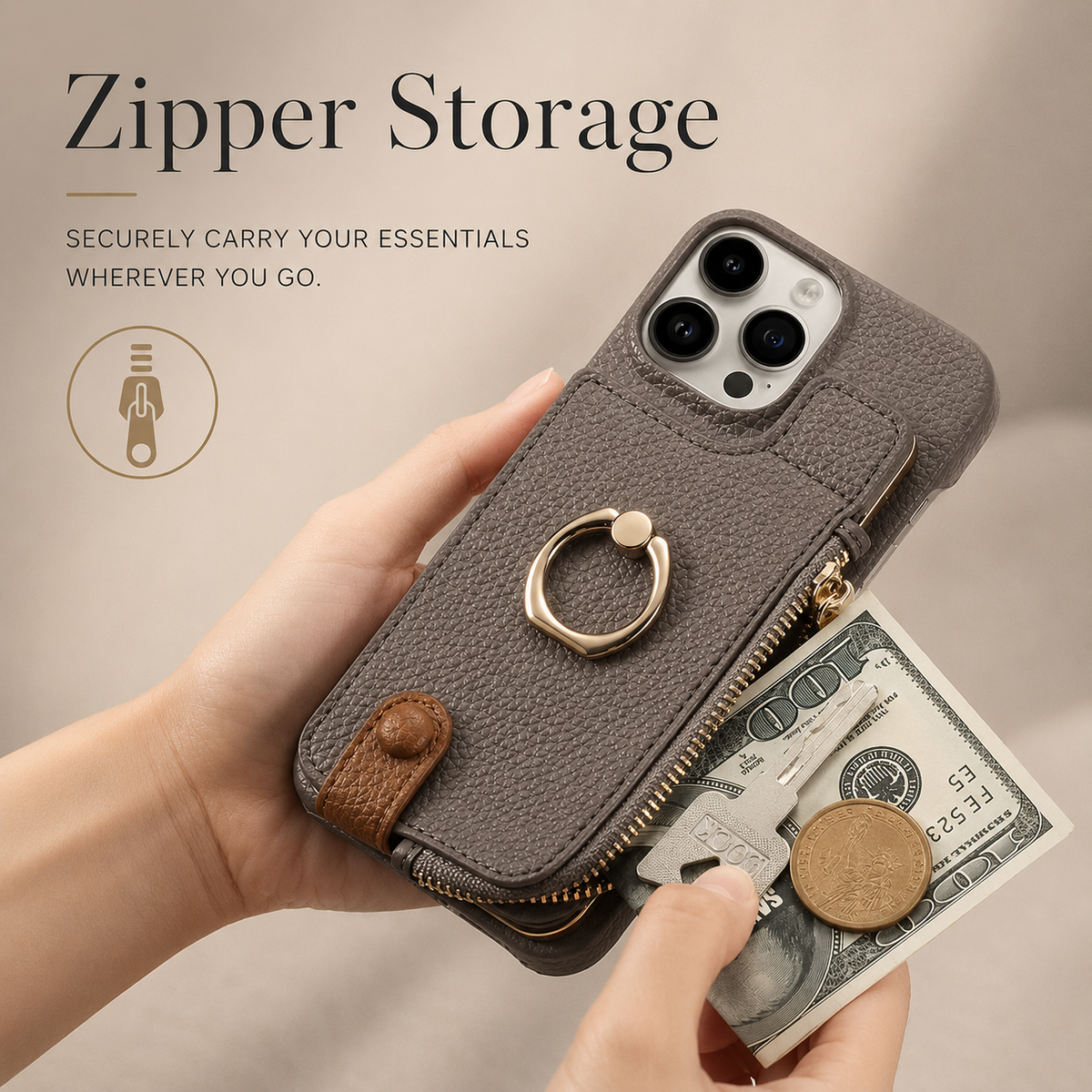 Premium iPhone Case Magnetic PU Leather Wallet Zipper Card Holder Ring Kickstand Lanyard Strap Shockproof Anti Fingerprint Protective Cover