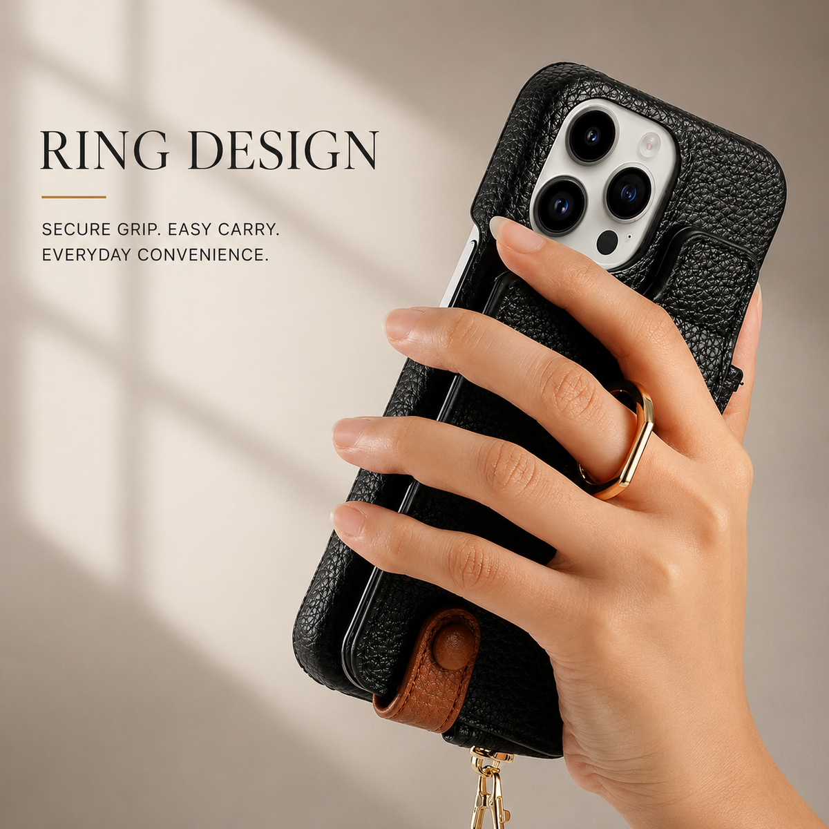 Premium iPhone Case Magnetic PU Leather Wallet Zipper Card Holder Ring Kickstand Lanyard Strap Shockproof Anti Fingerprint Protective Cover
