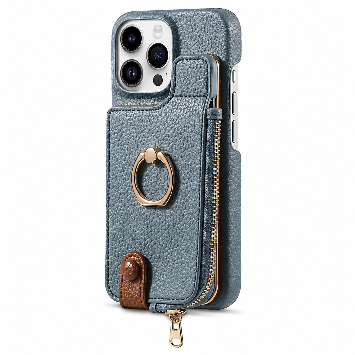 Premium iPhone Case Magnetic PU Leather Wallet Zipper Card Holder Ring Kickstand Lanyard Strap Shockproof Anti Fingerprint Protective Cover