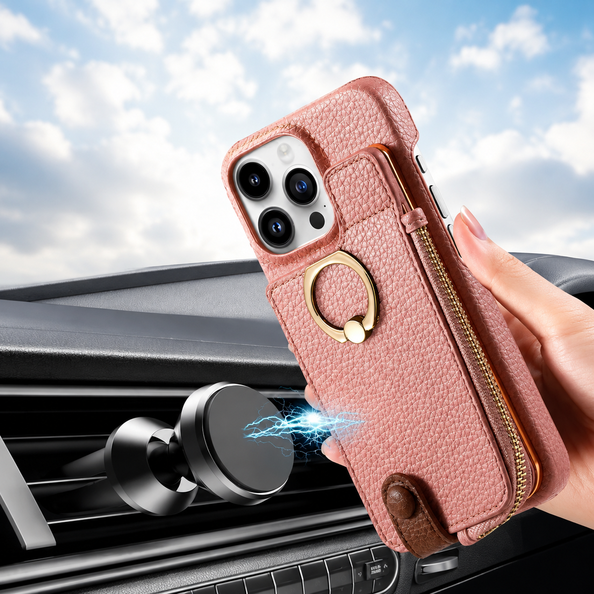 Premium iPhone Case Magnetic PU Leather Wallet Zipper Card Holder Ring Kickstand Lanyard Strap Shockproof Anti Fingerprint Protective Cover