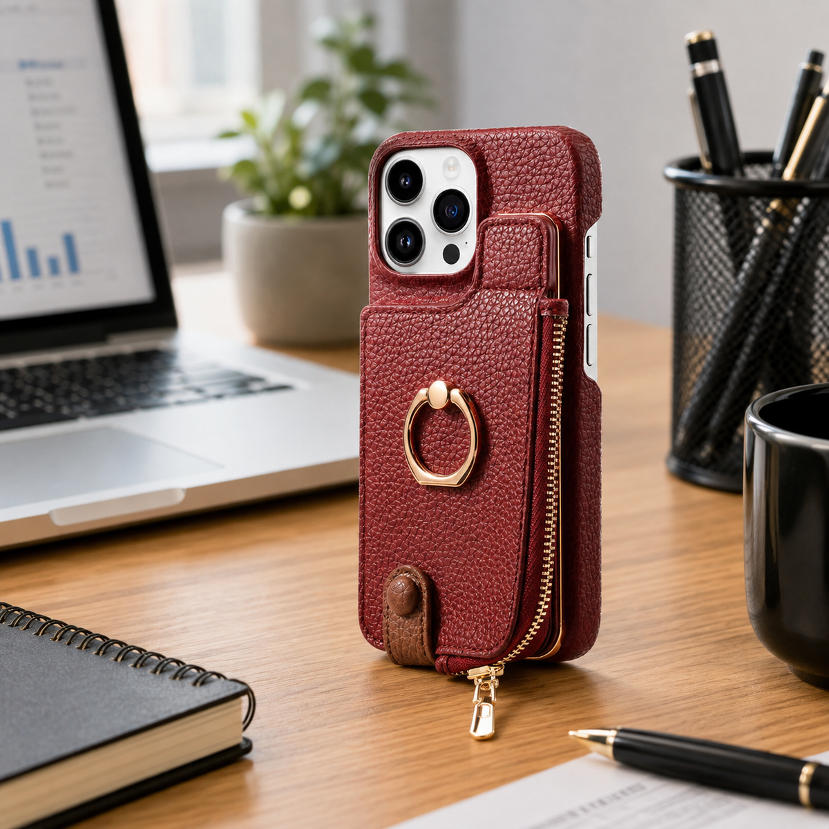 Premium iPhone Case Magnetic PU Leather Wallet Zipper Card Holder Ring Kickstand Lanyard Strap Shockproof Anti Fingerprint Protective Cover
