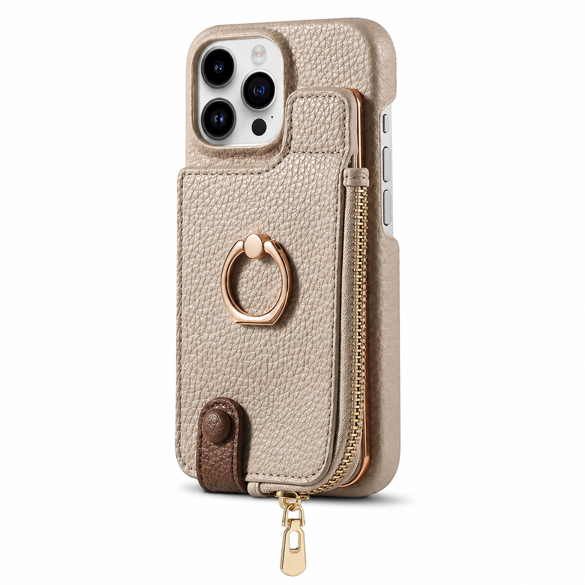 Premium iPhone Case Magnetic PU Leather Wallet Zipper Card Holder Ring Kickstand Lanyard Strap Shockproof Anti Fingerprint Protective Cover