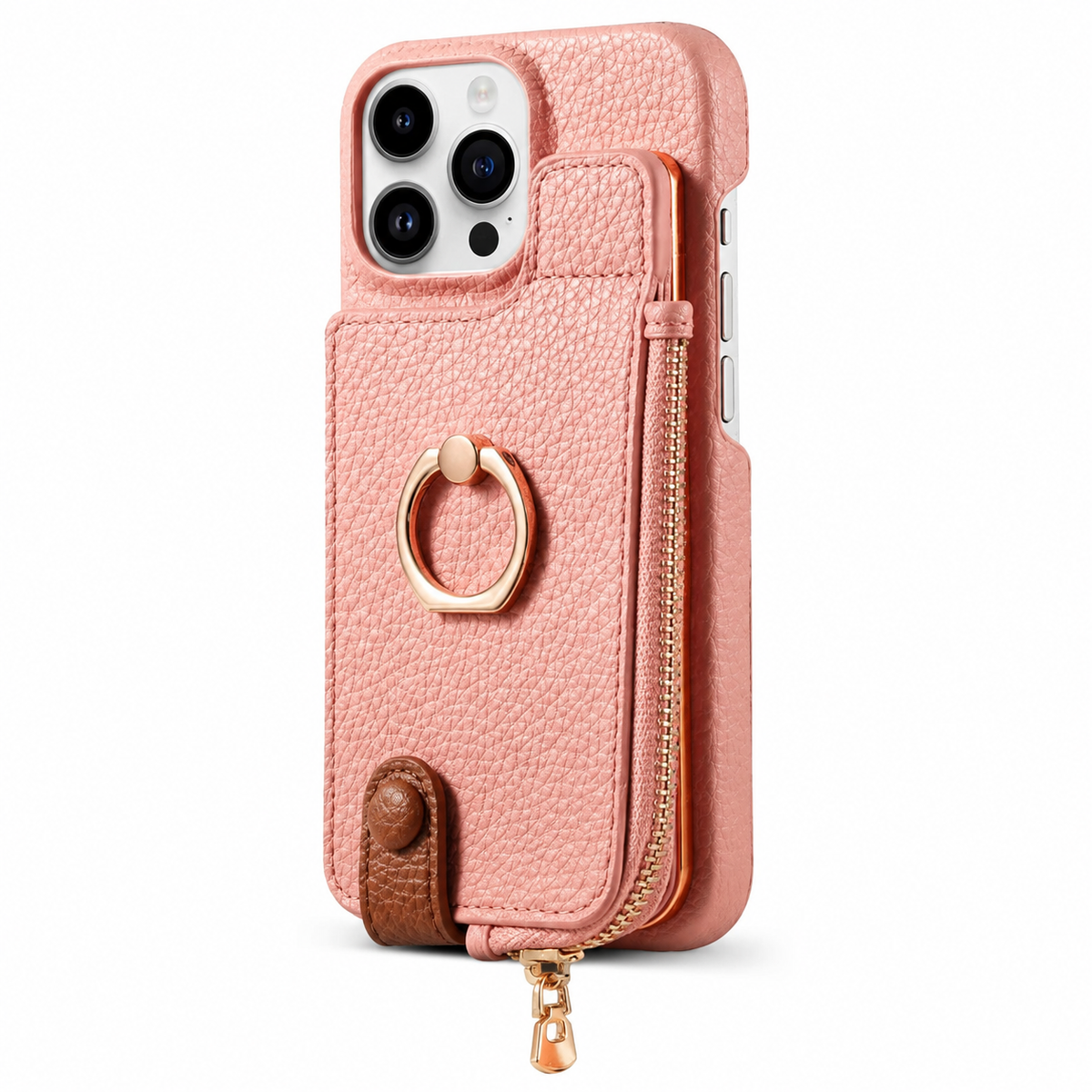 Premium iPhone Case Magnetic PU Leather Wallet Zipper Card Holder Ring Kickstand Lanyard Strap Shockproof Anti Fingerprint Protective Cover