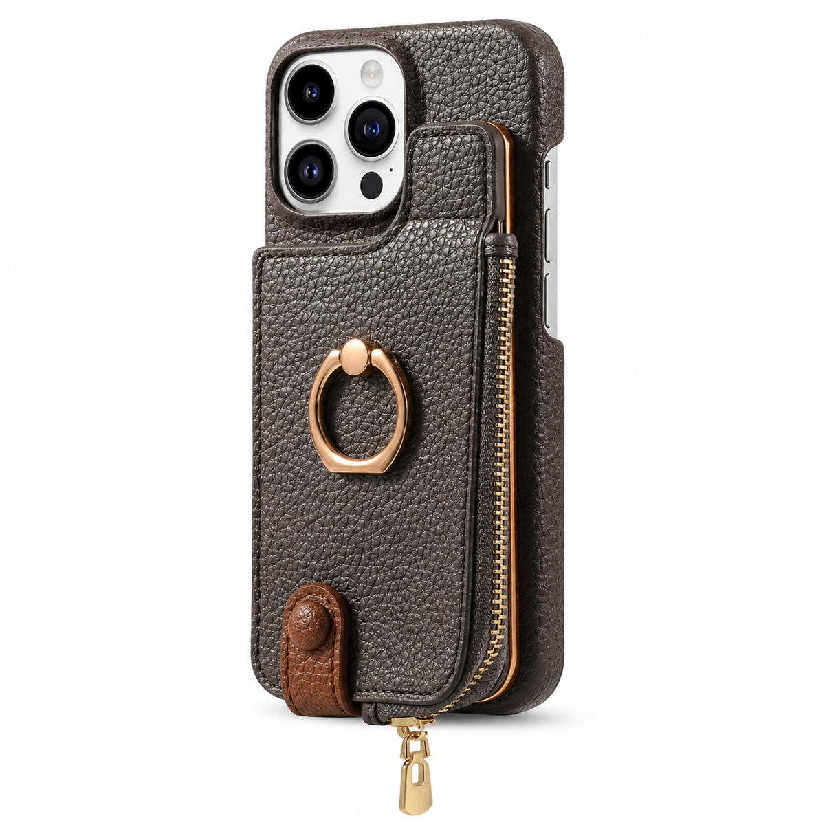 Premium iPhone Case Magnetic PU Leather Wallet Zipper Card Holder Ring Kickstand Lanyard Strap Shockproof Anti Fingerprint Protective Cover