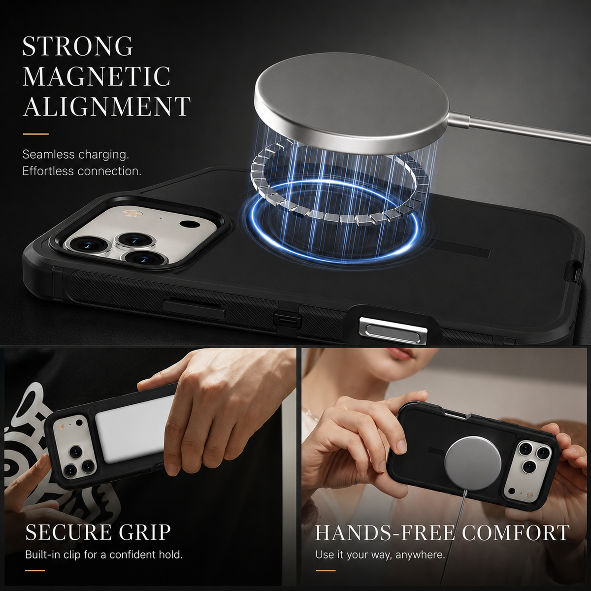 Premium iPhone Case Magnetic Protective Cover Rugged Defense Shockproof Armor Dual Layer Belt Clip Full Port Protection Anti Slip Grip Heavy Duty Case