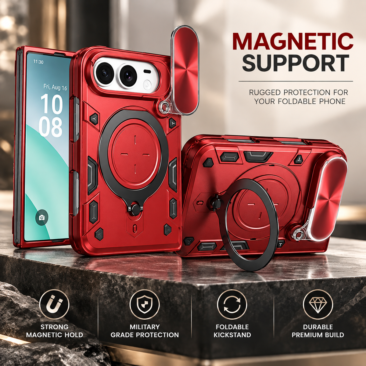 Premium iPhone Case Magnetic Ring Holder Shockproof Armor Shell Slide Camera Protection Tough Anti Scratch Slim Protective Durable Grip Phone Cover Case