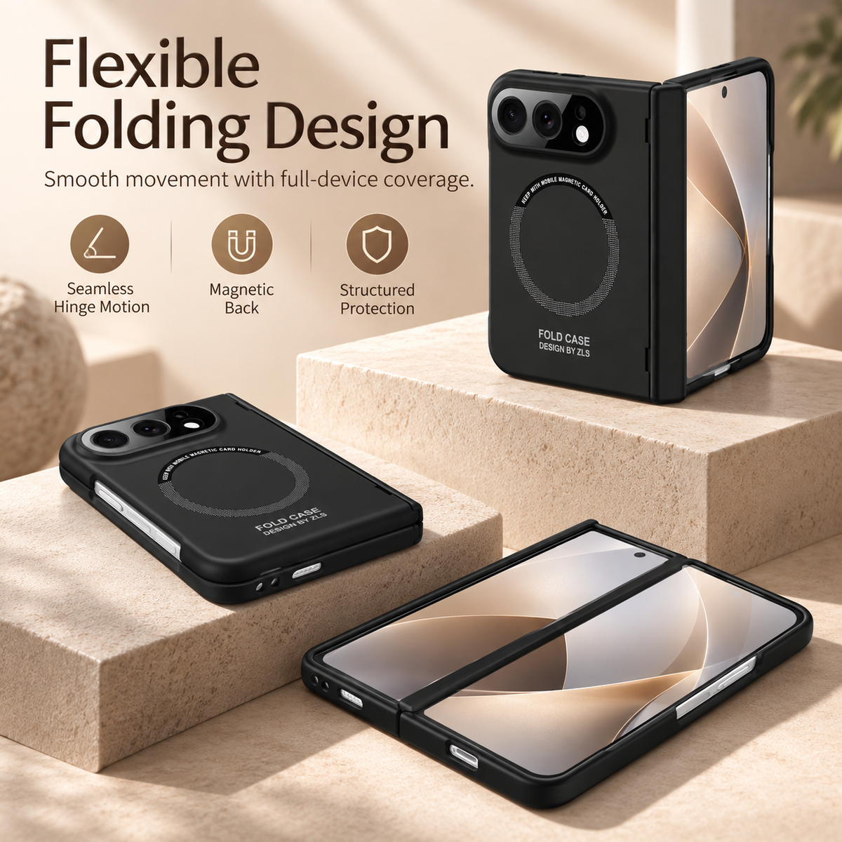 Premium iPhone Case Magnetic Spring Hinge Protection Tempered Glass Foldable Cover Shockproof Hard PC MagSafe Slim Durable Full Protective Phone Cover Case
