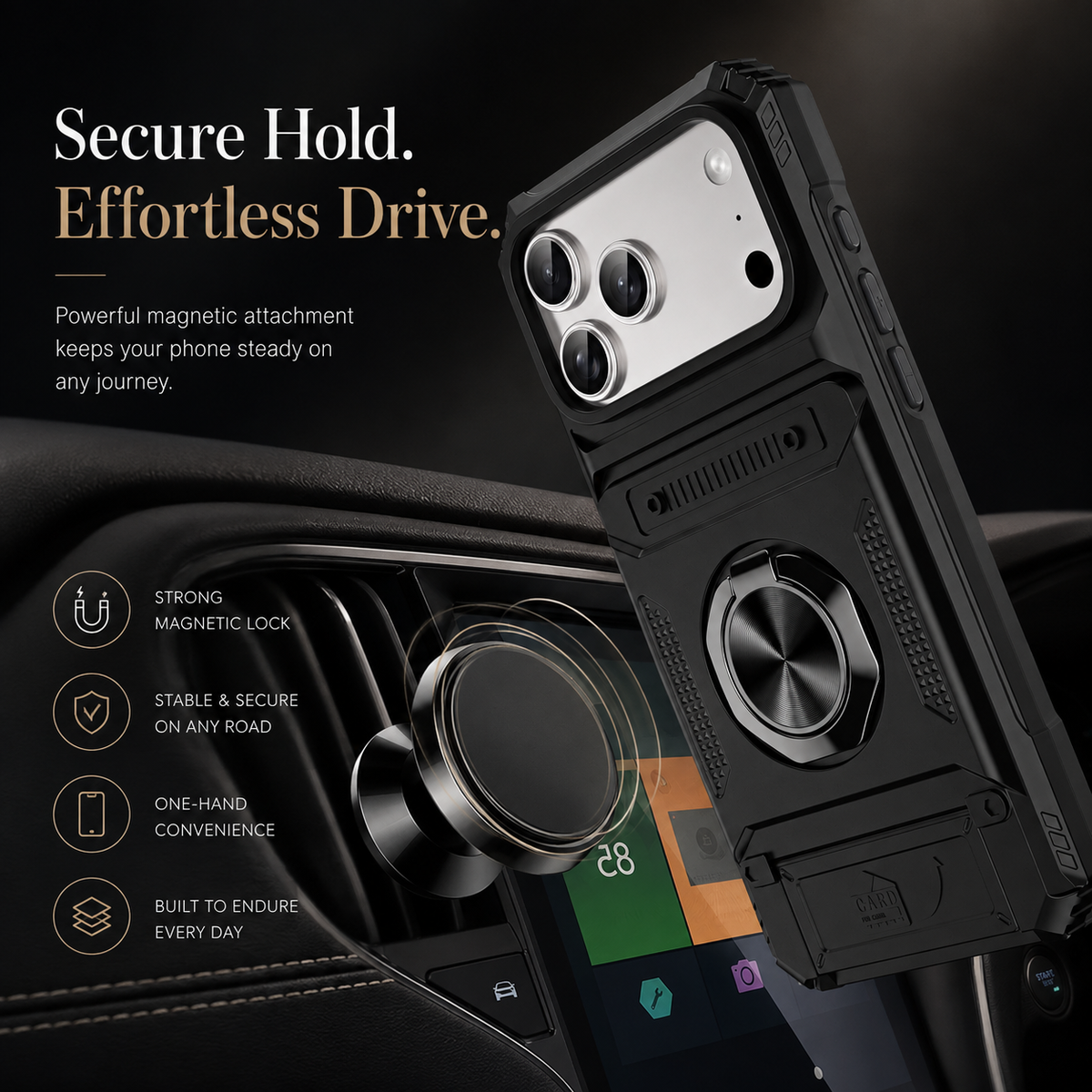 Premium iPhone Case Magnetic Wallet Card Holder Rotating Ring Kickstand Heavy Duty Shockproof PC Protective Cover Non Slip Tough Full Coverage Armor