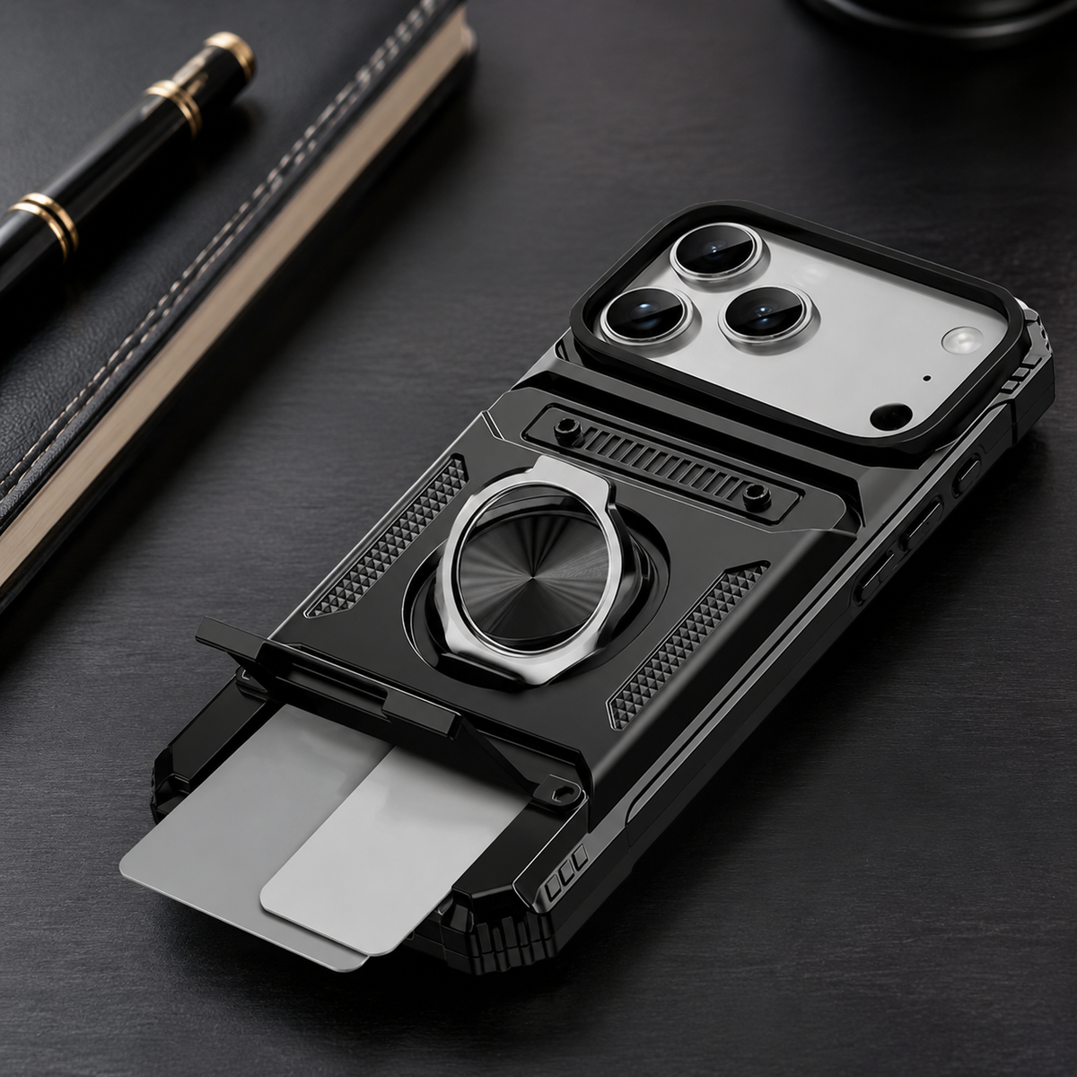 Premium iPhone Case Magnetic Wallet Card Holder Rotating Ring Kickstand Heavy Duty Shockproof PC Protective Cover Non Slip Tough Full Coverage Armor