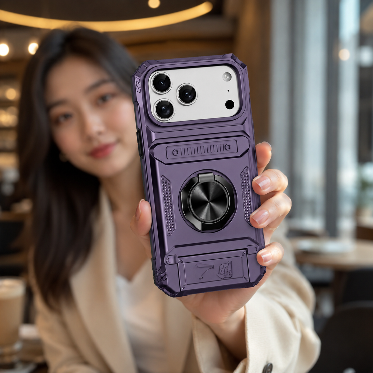 Premium iPhone Case Magnetic Wallet Card Holder Rotating Ring Kickstand Heavy Duty Shockproof PC Protective Cover Non Slip Tough Full Coverage Armor