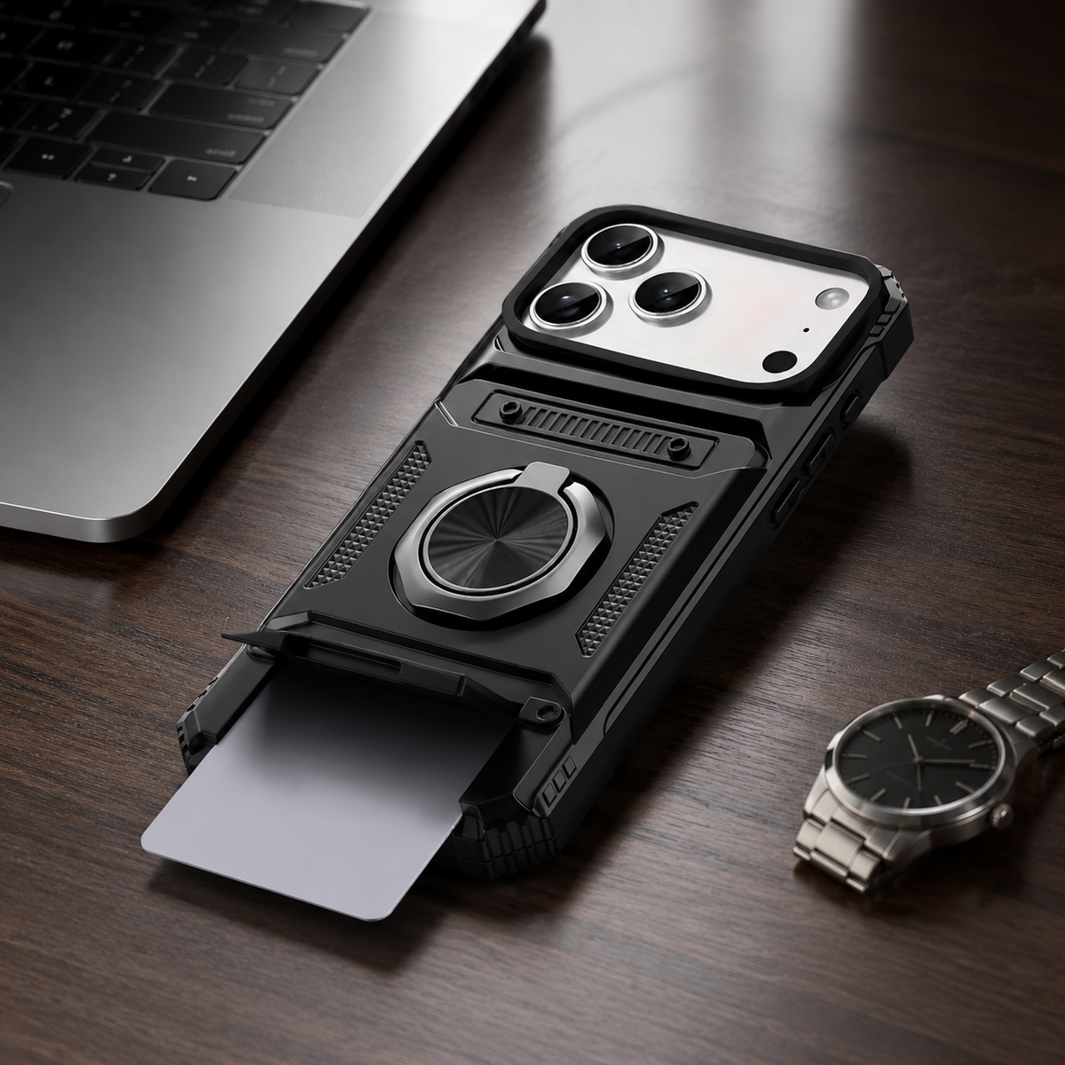 Premium iPhone Case Magnetic Wallet Card Holder Rotating Ring Kickstand Heavy Duty Shockproof PC Protective Cover Non Slip Tough Full Coverage Armor