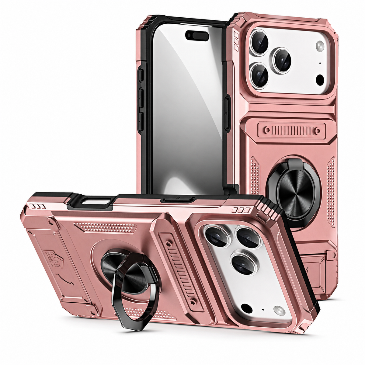Premium iPhone Case Magnetic Wallet Card Holder Rotating Ring Kickstand Heavy Duty Shockproof PC Protective Cover Non Slip Tough Full Coverage Armor