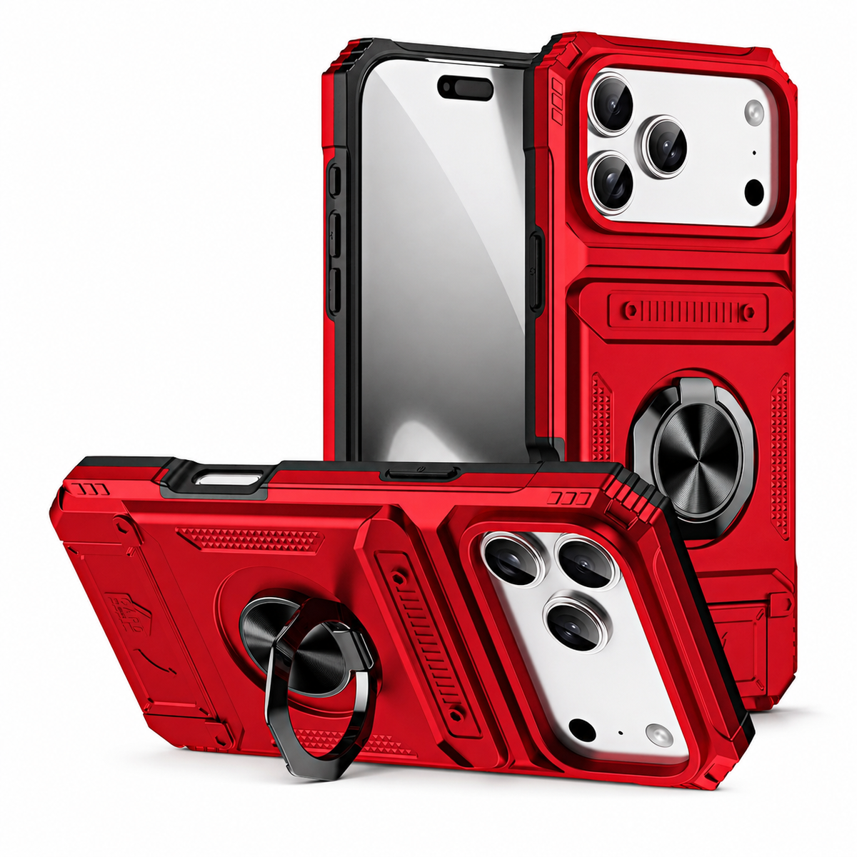 Premium iPhone Case Magnetic Wallet Card Holder Rotating Ring Kickstand Heavy Duty Shockproof PC Protective Cover Non Slip Tough Full Coverage Armor