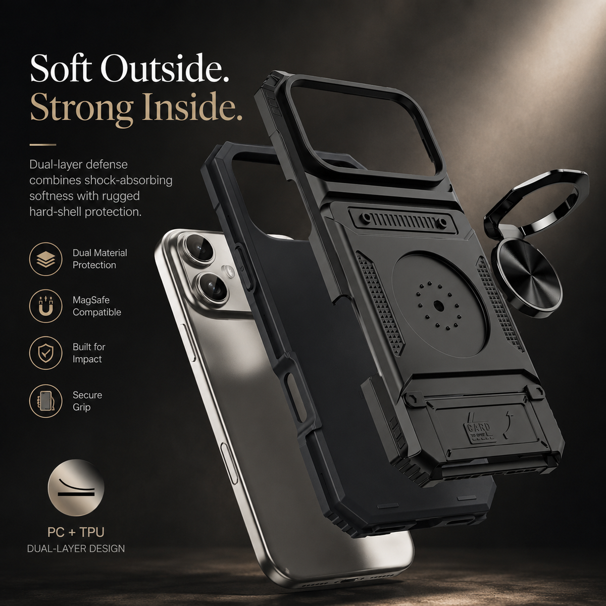 Premium iPhone Case Magnetic Wallet Card Holder Rotating Ring Kickstand Heavy Duty Shockproof PC Protective Cover Non Slip Tough Full Coverage Armor
