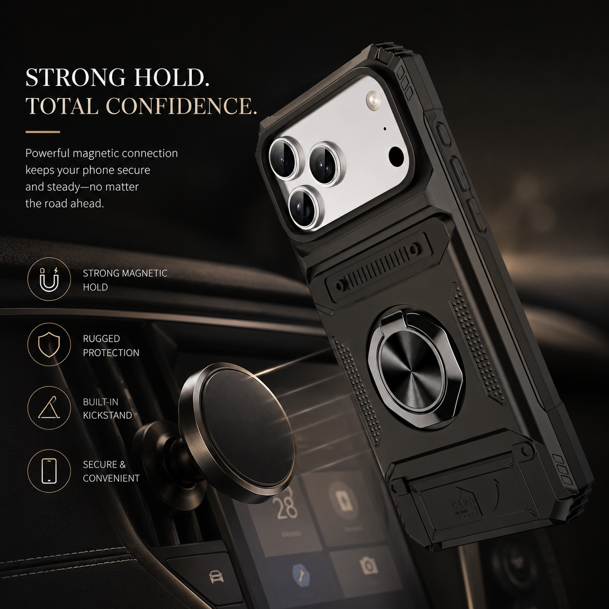 Premium iPhone Case Magnetic Wallet Card Holder Rotating Ring Kickstand Heavy Duty Shockproof PC Protective Cover Non Slip Tough Full Coverage Armor
