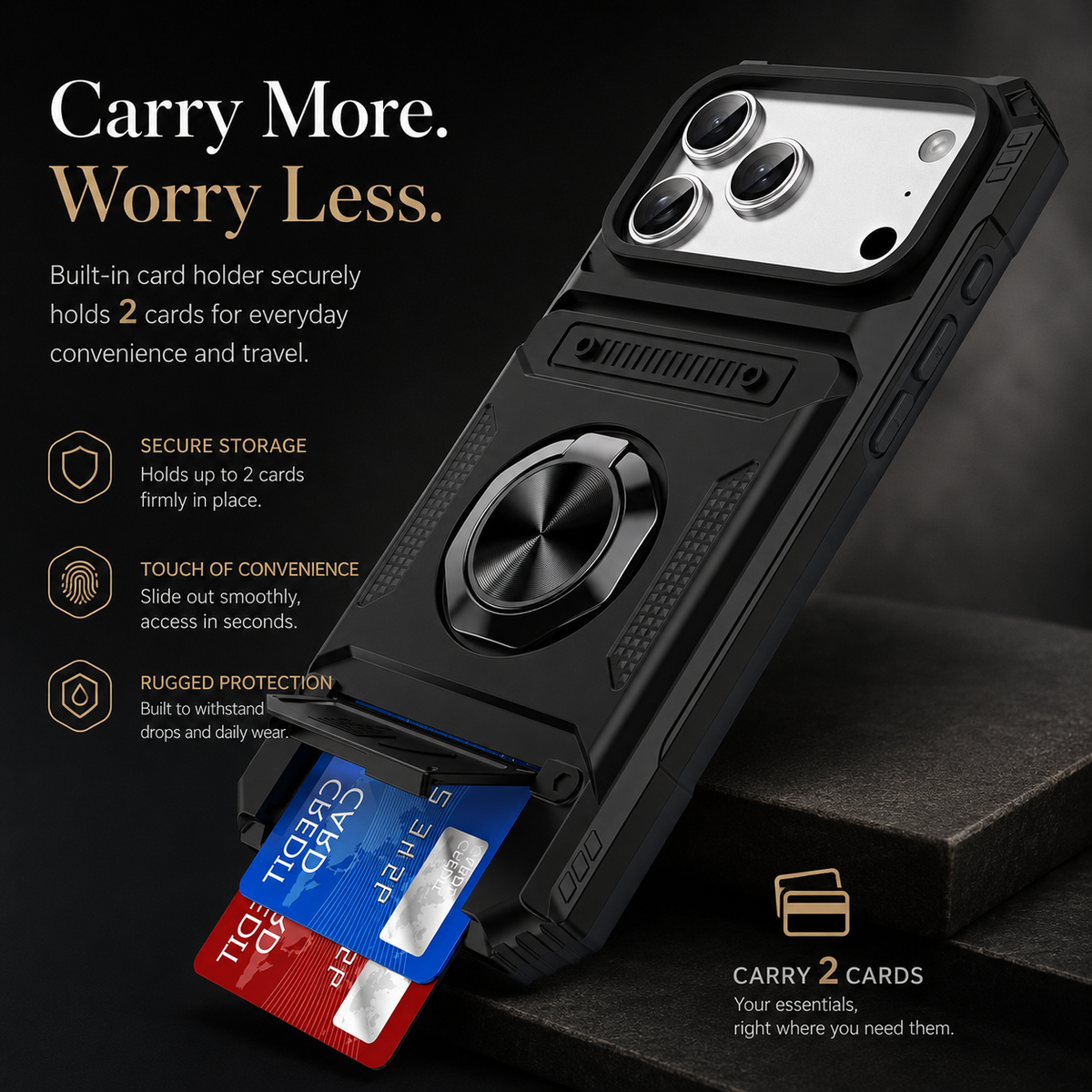 Premium iPhone Case Magnetic Wallet Card Holder Rotating Ring Kickstand Heavy Duty Shockproof PC Protective Cover Non Slip Tough Full Coverage Armor