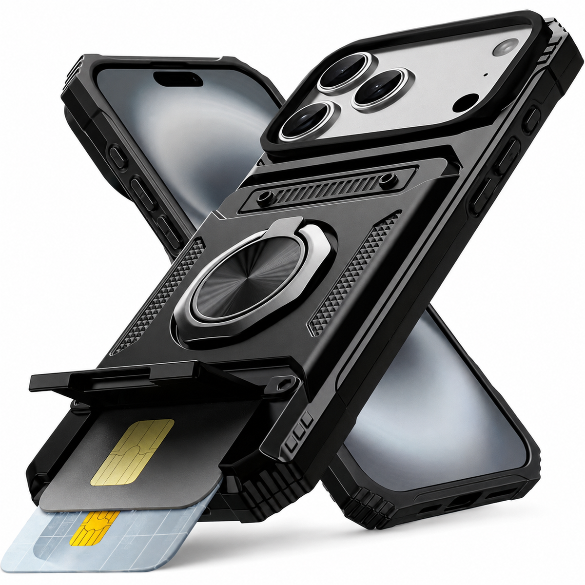 Premium iPhone Case Magnetic Wallet Card Holder Rotating Ring Kickstand Heavy Duty Shockproof PC Protective Cover Non Slip Tough Full Coverage Armor