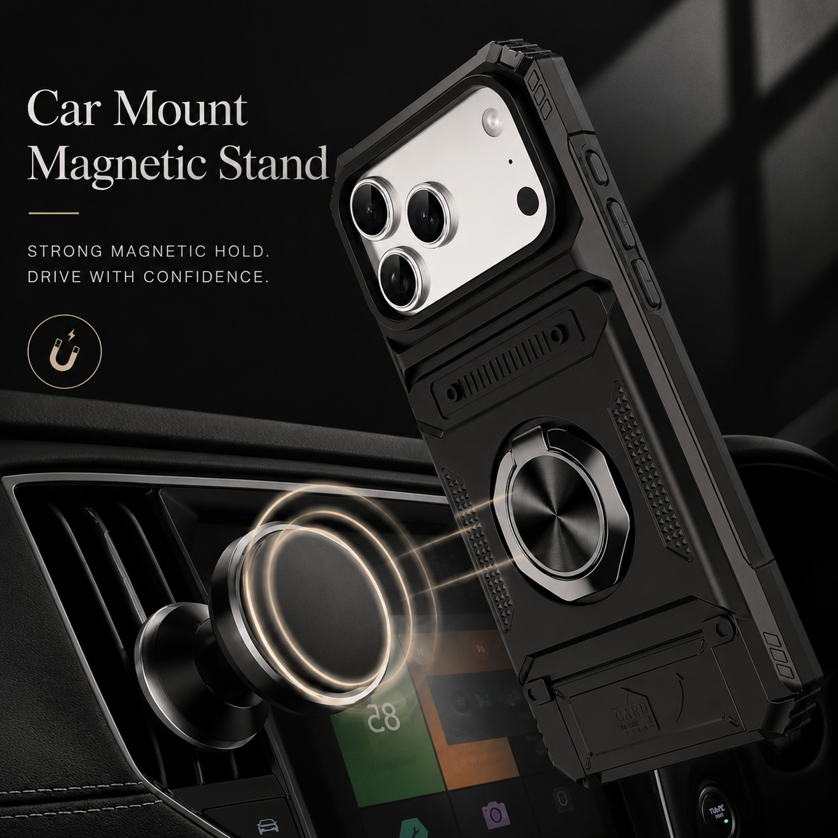Premium iPhone Case Magnetic Wallet Cover Card Holder Rotating Ring Kickstand Heavy Duty Shockproof Drop Protection Anti Slip Full Coverage Case
