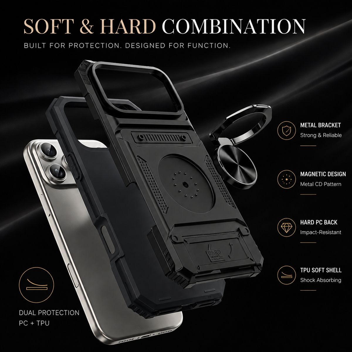 Premium iPhone Case Magnetic Wallet Cover Card Holder Rotating Ring Kickstand Heavy Duty Shockproof Drop Protection Anti Slip Full Coverage Case