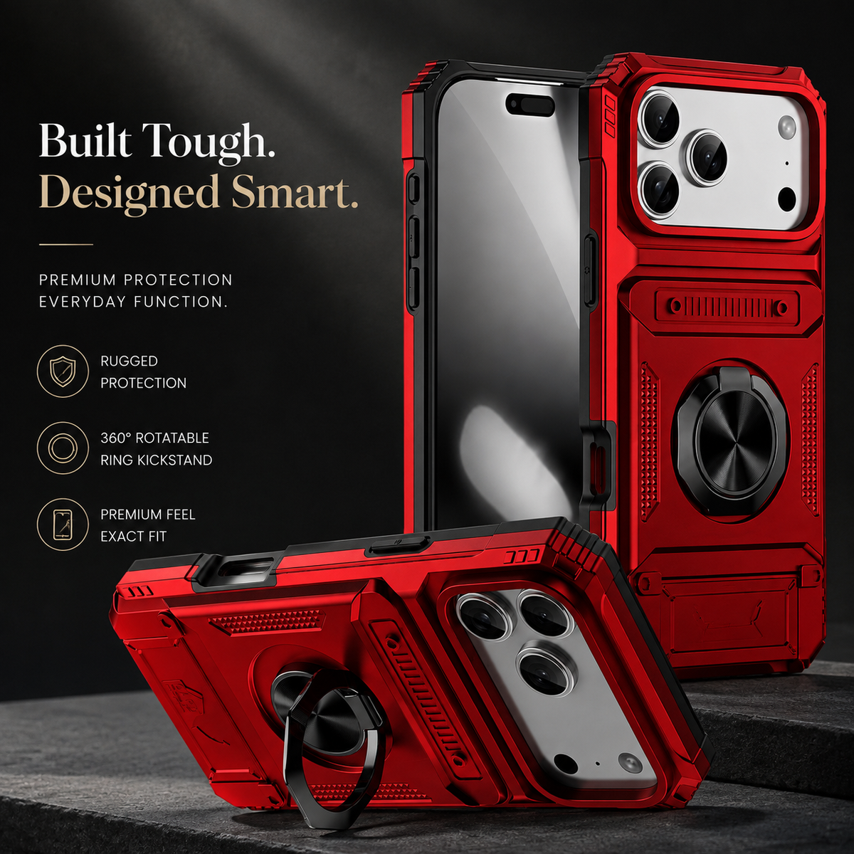 Premium iPhone Case Magnetic Wallet Cover Card Holder Rotating Ring Kickstand Heavy Duty Shockproof Drop Protection Anti Slip Full Coverage Case