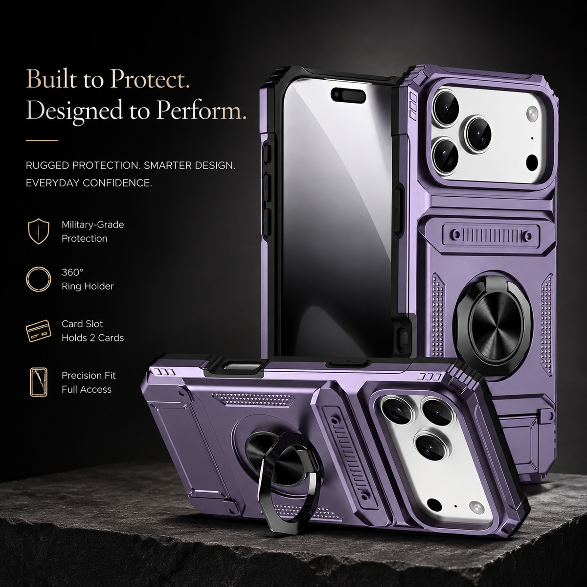 Premium iPhone Case Magnetic Wallet Cover Card Holder Rotating Ring Kickstand Heavy Duty Shockproof Drop Protection Anti Slip Full Coverage Case