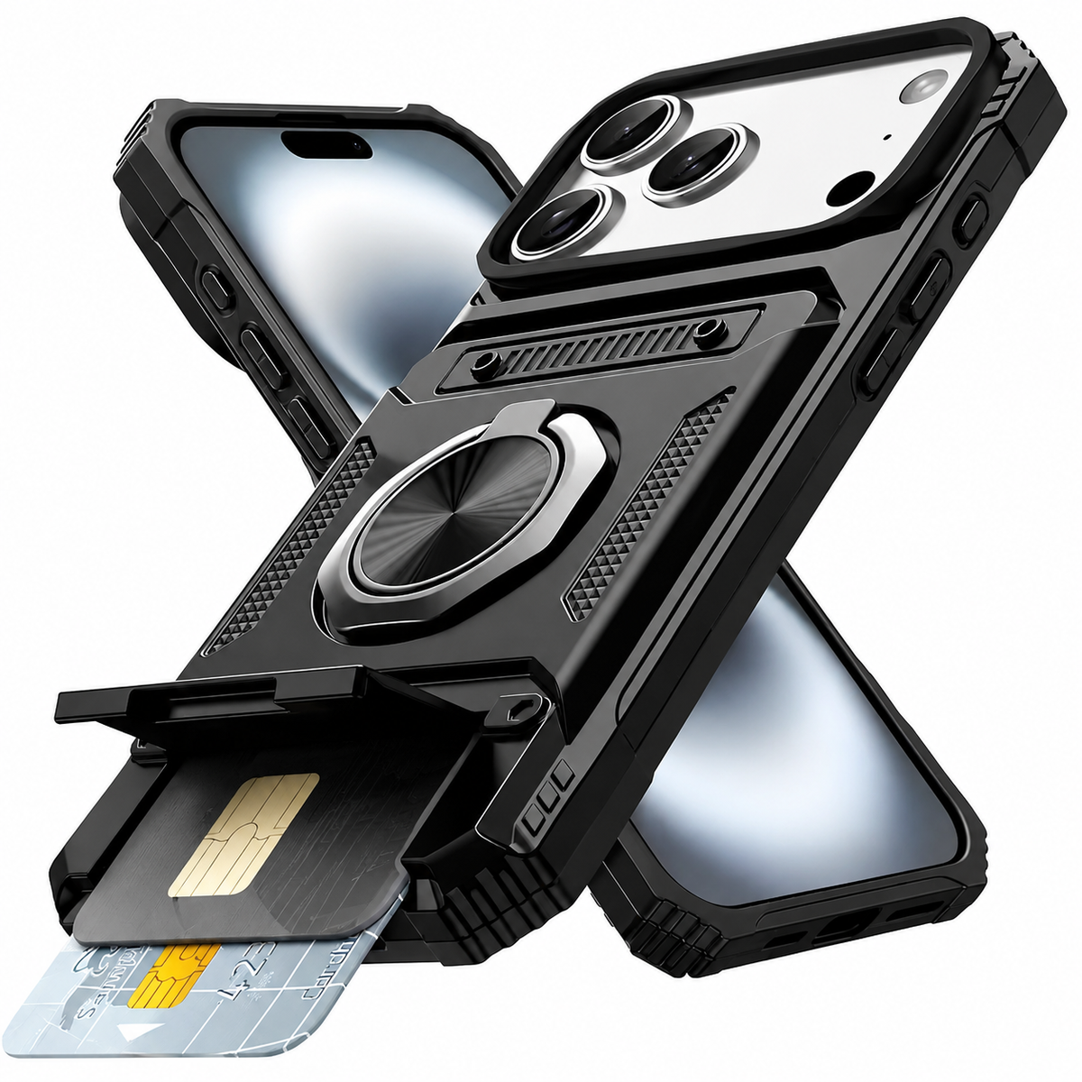 Premium iPhone Case Magnetic Wallet Cover Card Holder Rotating Ring Kickstand Heavy Duty Shockproof Drop Protection Anti Slip Full Coverage Case