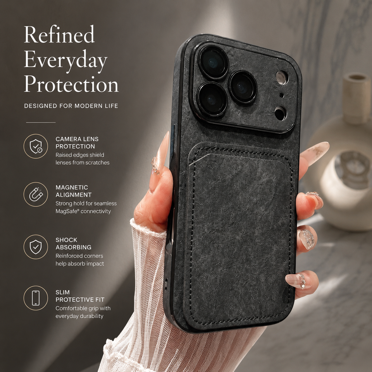 Premium iPhone Case Matte Card Holder Wallet Shockproof Acrylic Protective Cover Slim Anti Scratch Non Slip Bumper Hard Back Card Storage Case