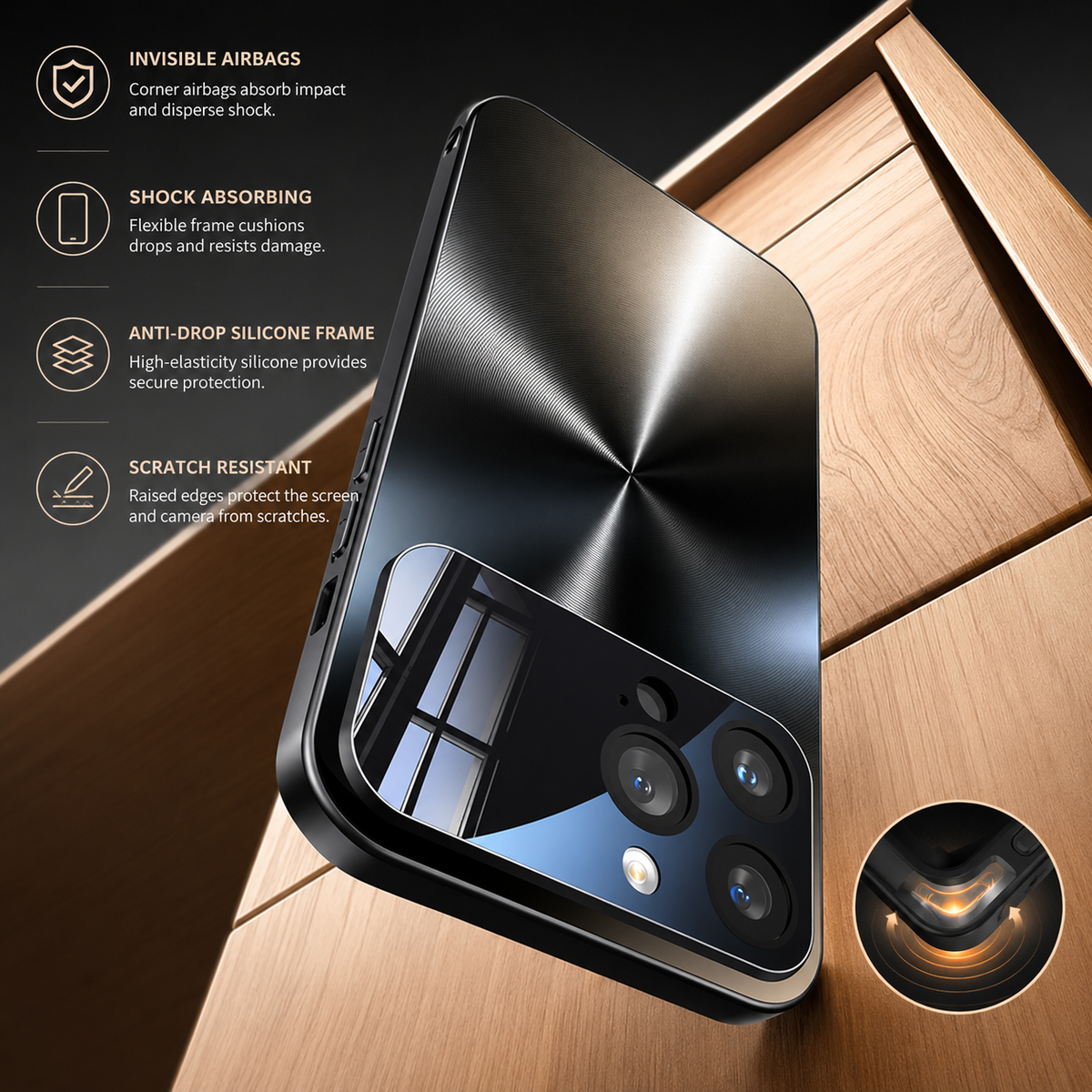 Premium iPhone Case Metal Camera Lens Protection Shockproof Dual Layer Protective Cover Soft Silicone Frame Anti Scratch Non Slip CD Laser 3D Design
