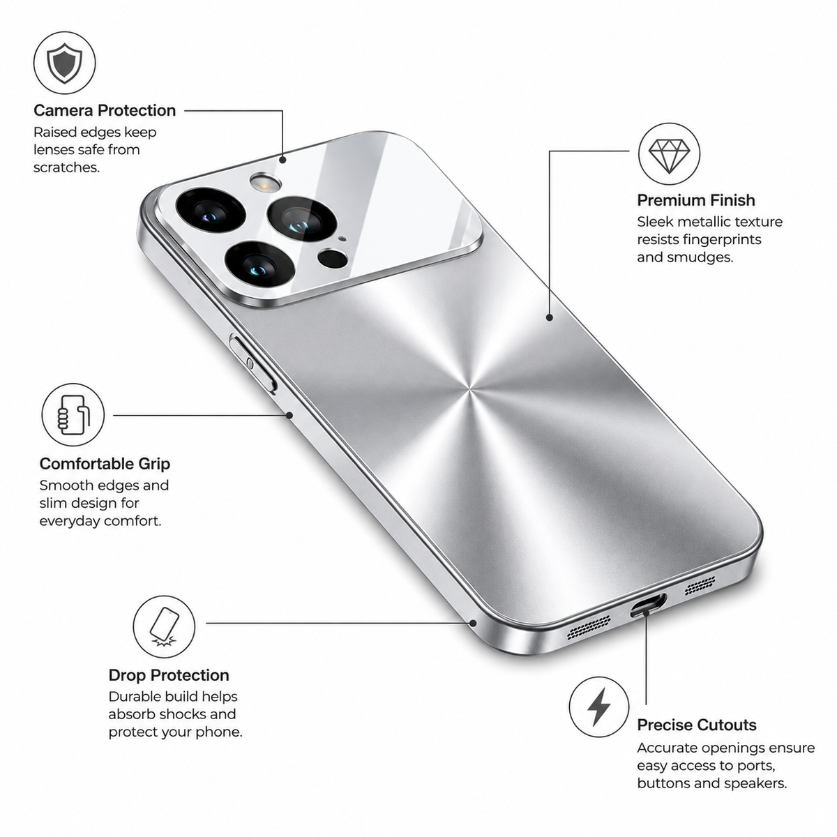 Premium iPhone Case Metal Camera Lens Protection Shockproof Dual Layer Protective Cover Soft Silicone Frame Anti Scratch Non Slip CD Laser 3D Design
