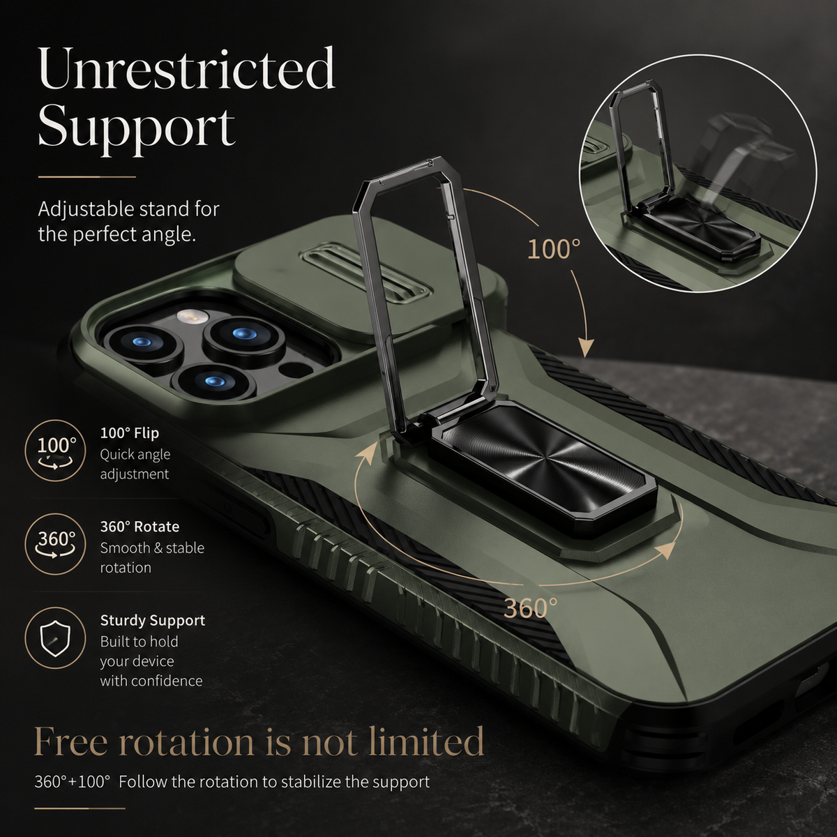 Premium iPhone Case Military Grade Shockproof Anti Slip Magnetic Slide Camera Cover Rotary Stand PC TPU Heavy Duty Protective Full Coverage Case