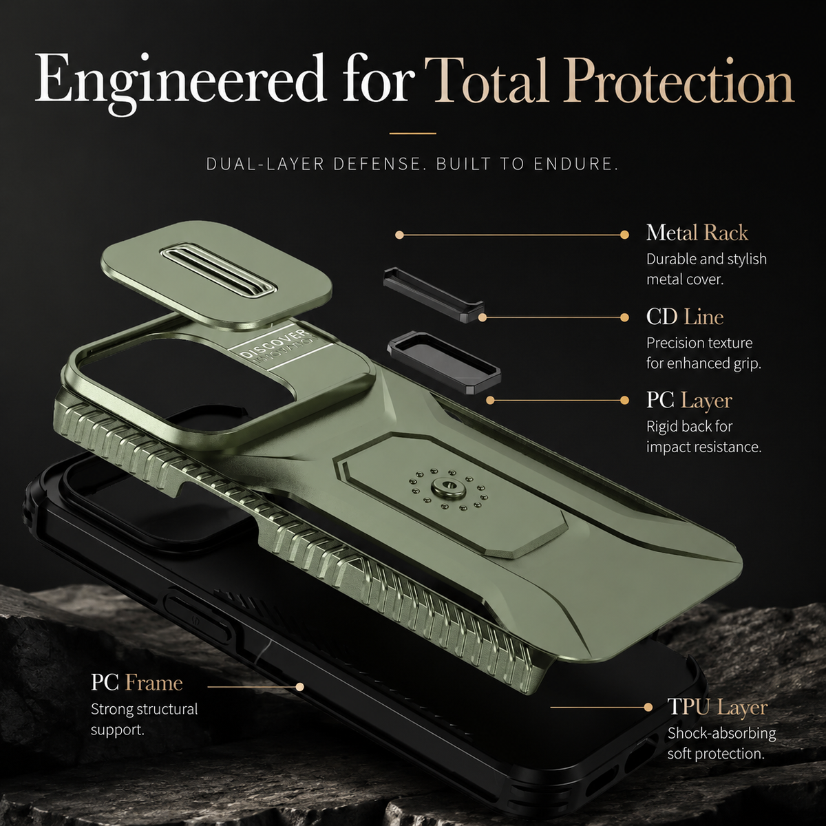 Premium iPhone Case Military Grade Shockproof Anti Slip Magnetic Slide Camera Cover Rotary Stand PC TPU Heavy Duty Protective Full Coverage Case