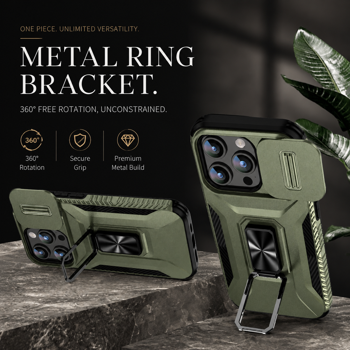 Premium iPhone Case Military Grade Shockproof Anti Slip Magnetic Slide Camera Cover Rotary Stand PC TPU Heavy Duty Protective Full Coverage Case