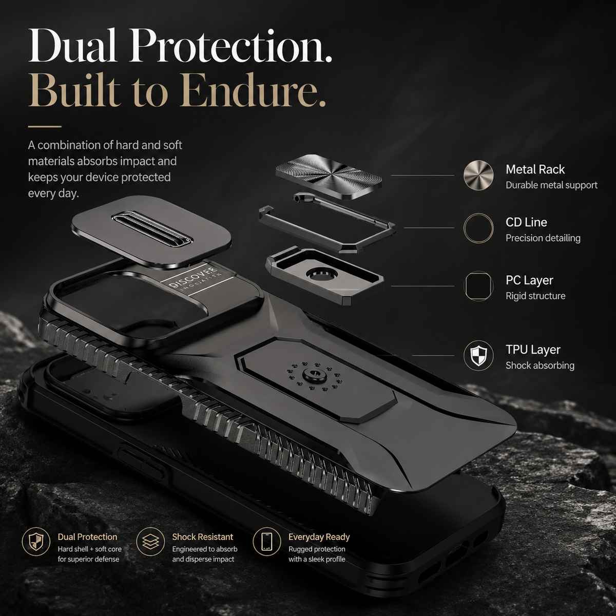 Premium iPhone Case Military Grade Shockproof Anti Slip Magnetic Slide Camera Cover Rotary Stand PC TPU Heavy Duty Protective Full Coverage Case