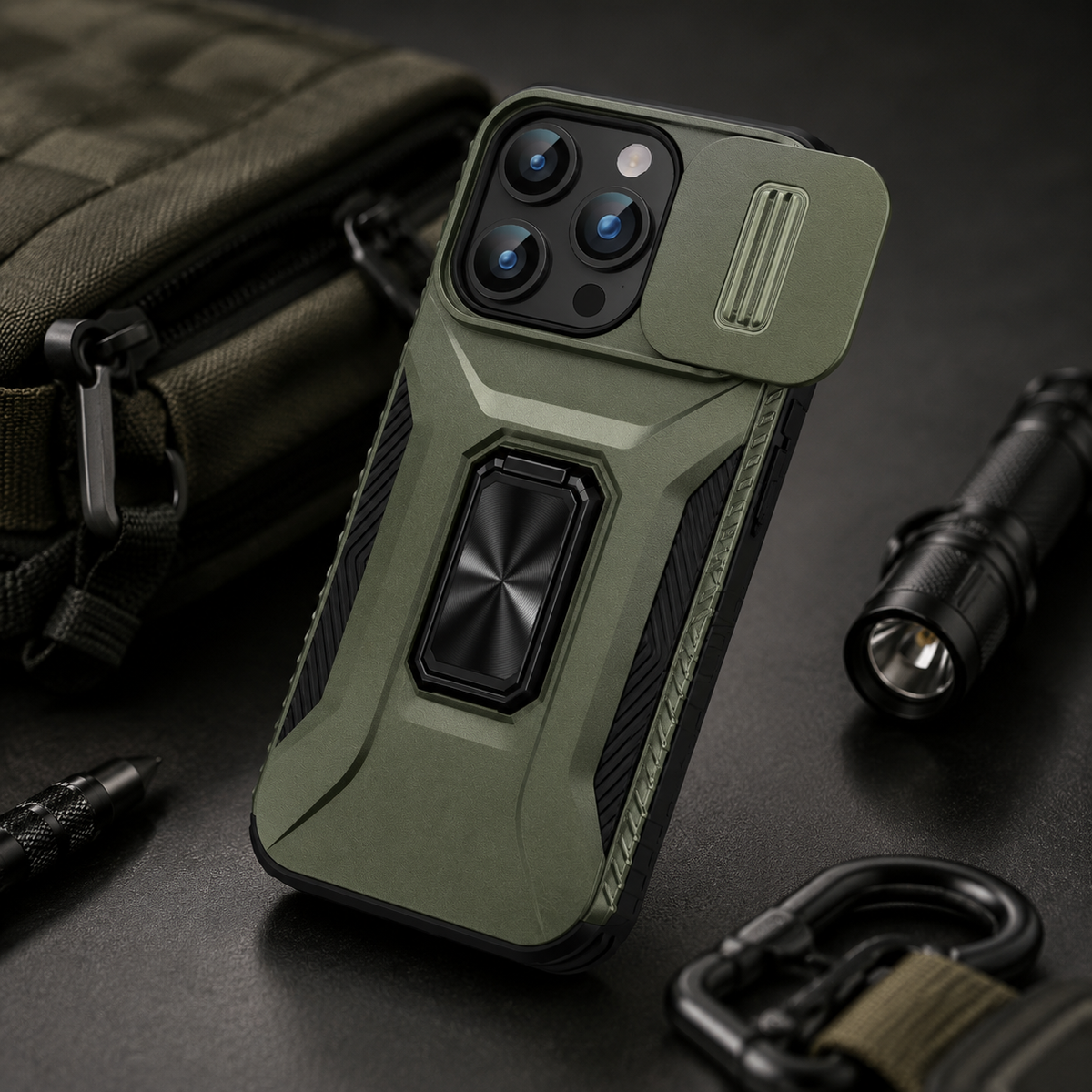 Premium iPhone Case Military Grade Shockproof Anti Slip Magnetic Slide Camera Cover Rotary Stand PC TPU Heavy Duty Protective Full Coverage Case