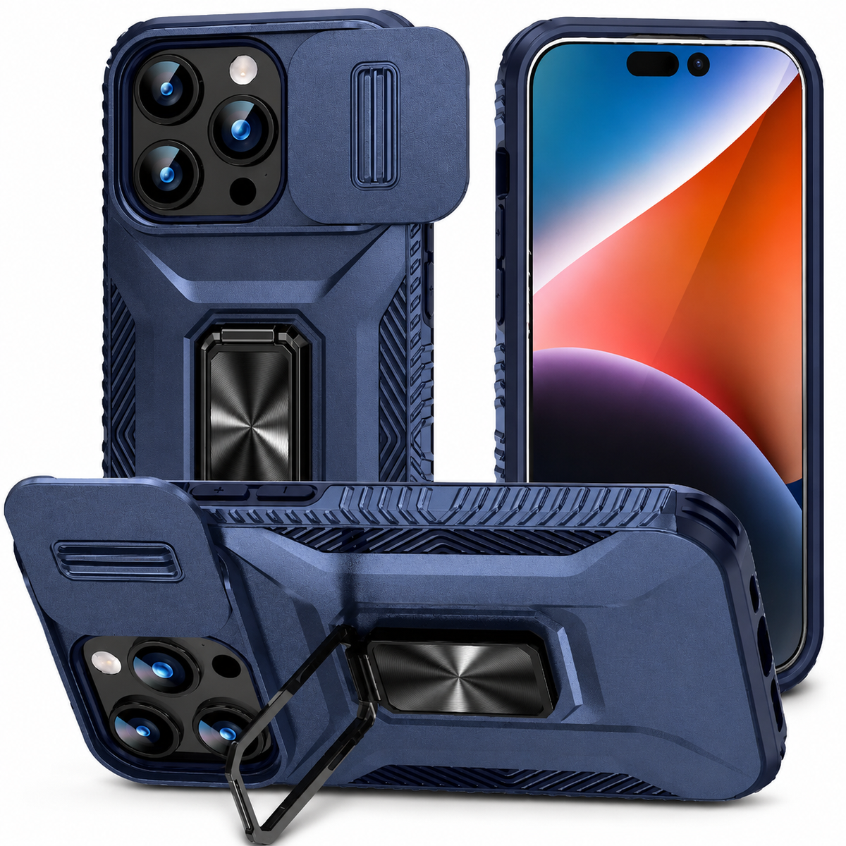 Premium iPhone Case Military Grade Shockproof Anti Slip Magnetic Slide Camera Cover Rotary Stand PC TPU Heavy Duty Protective Full Coverage Case