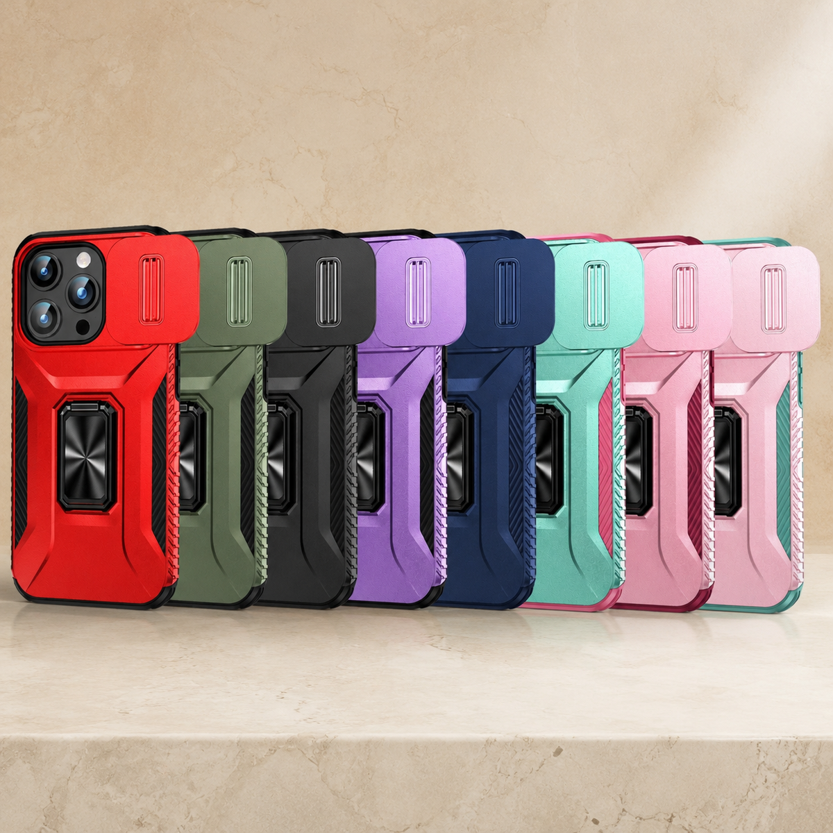 Premium iPhone Case Military Grade Shockproof Anti Slip Magnetic Slide Camera Cover Rotary Stand PC TPU Heavy Duty Protective Full Coverage Case