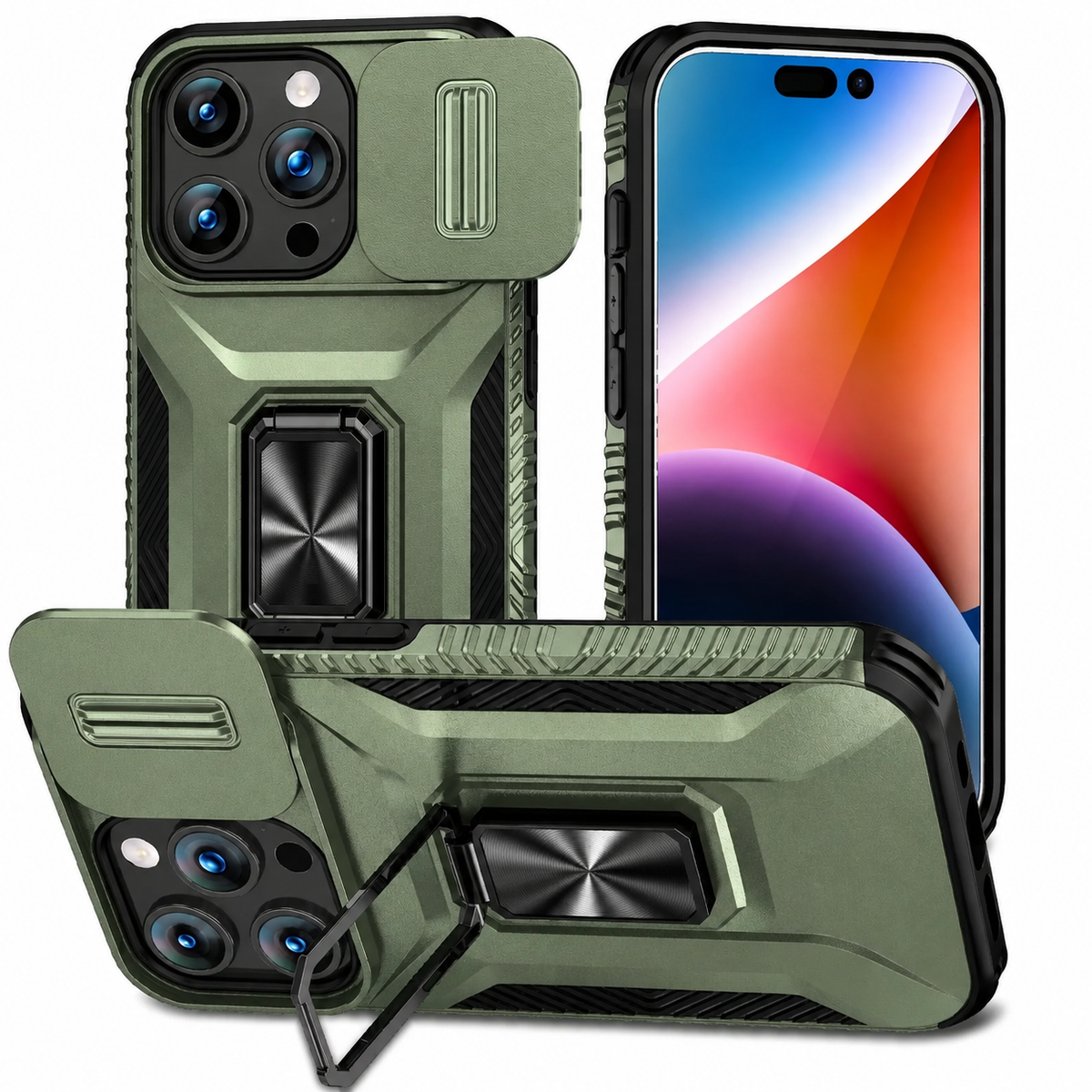 Premium iPhone Case Military Grade Shockproof Anti Slip Magnetic Slide Camera Cover Rotary Stand PC TPU Heavy Duty Protective Full Coverage Case