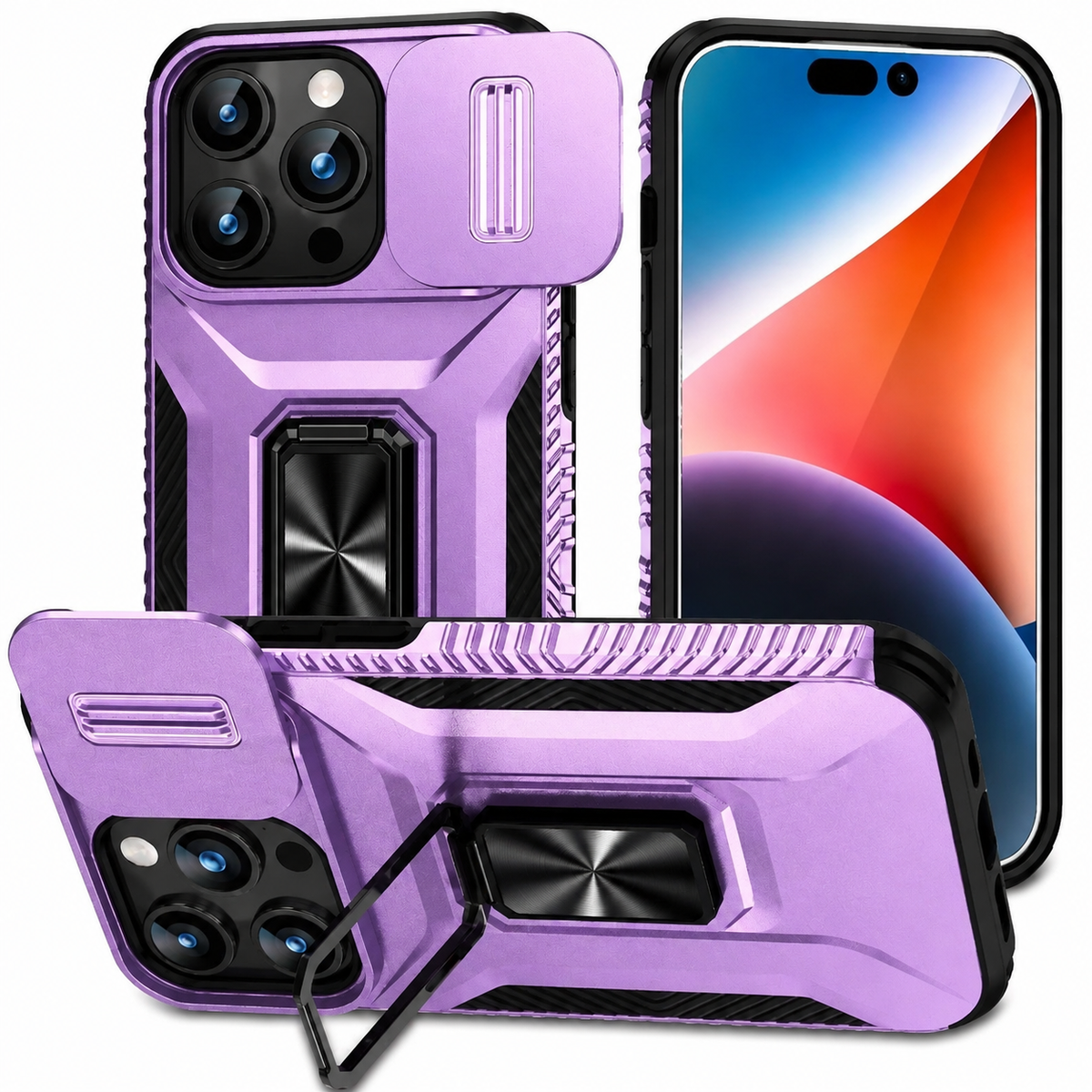 Premium iPhone Case Military Grade Shockproof Anti Slip Magnetic Slide Camera Cover Rotary Stand PC TPU Heavy Duty Protective Full Coverage Case