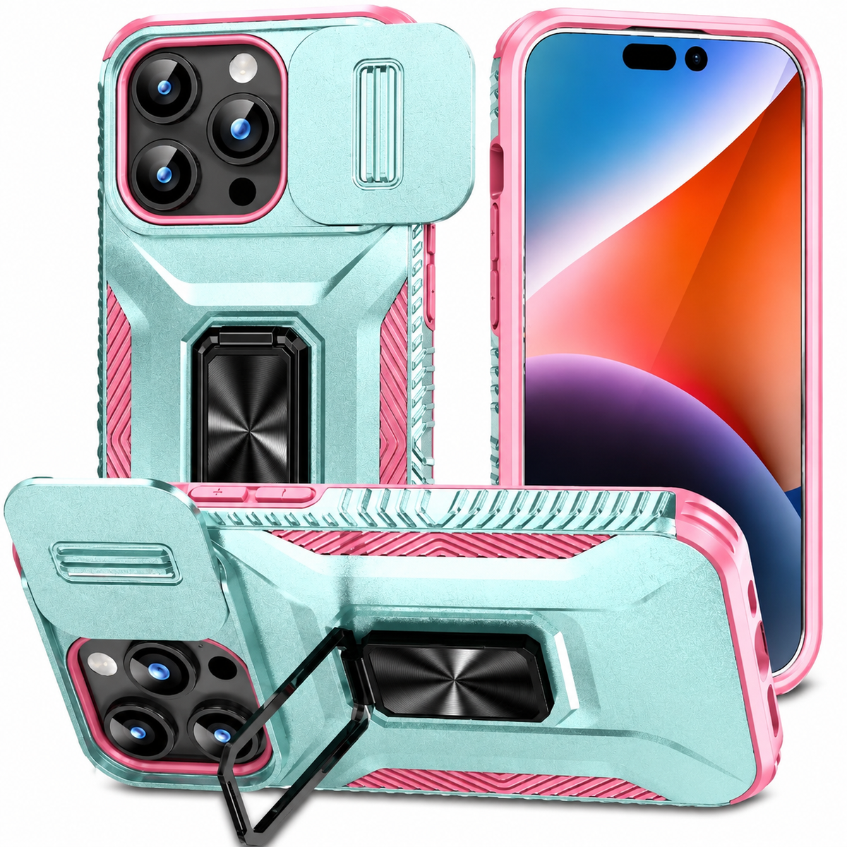 Premium iPhone Case Military Grade Shockproof Anti Slip Magnetic Slide Camera Cover Rotary Stand PC TPU Heavy Duty Protective Full Coverage Case