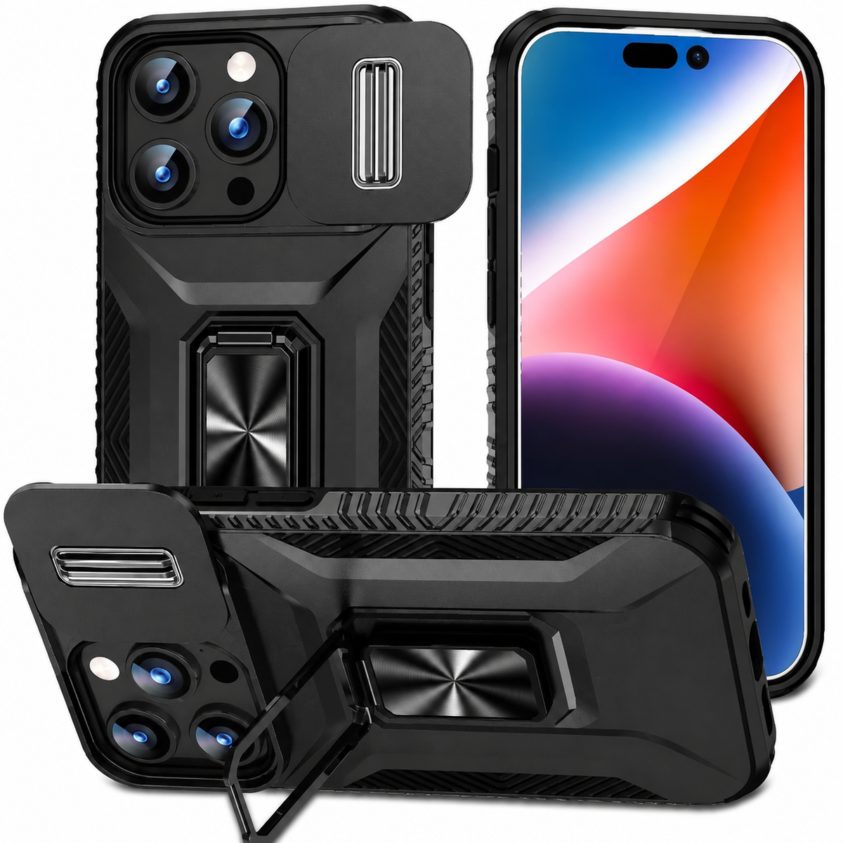 Premium iPhone Case Military Grade Shockproof Anti Slip Magnetic Slide Camera Cover Rotary Stand PC TPU Heavy Duty Protective Full Coverage Case