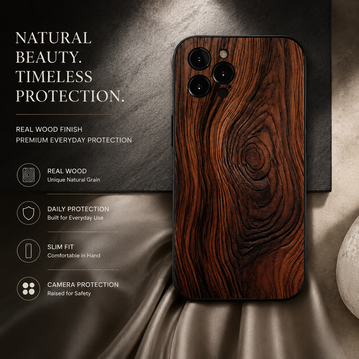 Premium iPhone Case Natural Wood Slim Wooden Back Cover Silicone Frame Lightweight Full Coverage Shockproof Washable Minimalist Design
