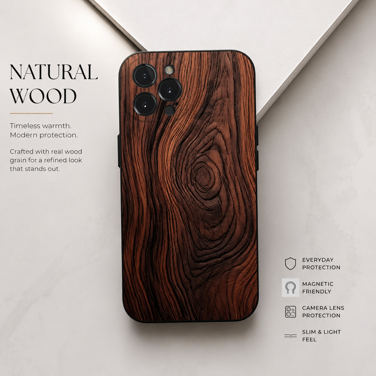 Premium iPhone Case Natural Wood Slim Wooden Back Cover Silicone Frame Lightweight Full Coverage Shockproof Washable Minimalist Design
