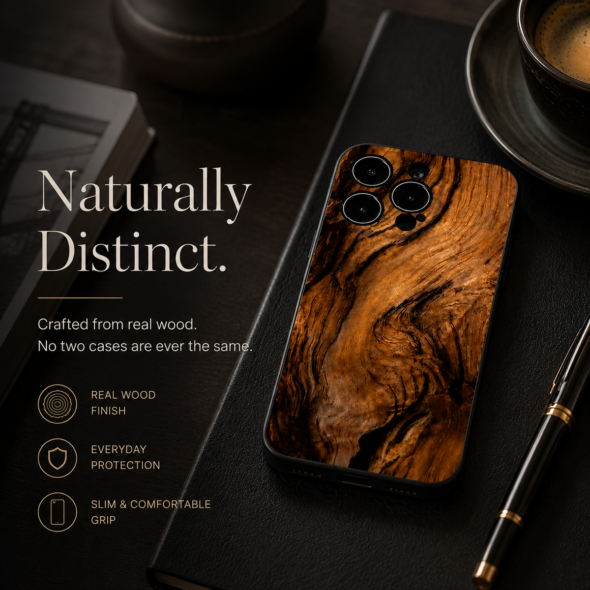 Premium iPhone Case Natural Wood Slim Wooden Back Cover Silicone Frame Lightweight Full Coverage Shockproof Washable Minimalist Design
