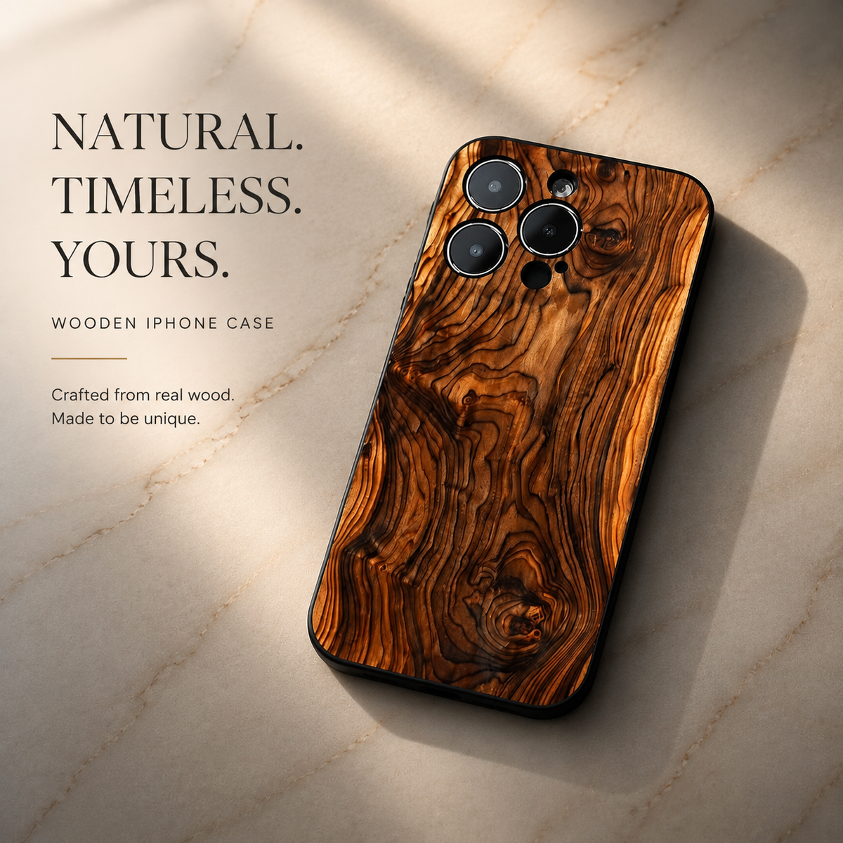 Premium iPhone Case Natural Wood Slim Wooden Back Cover Silicone Frame Lightweight Full Coverage Shockproof Washable Minimalist Design